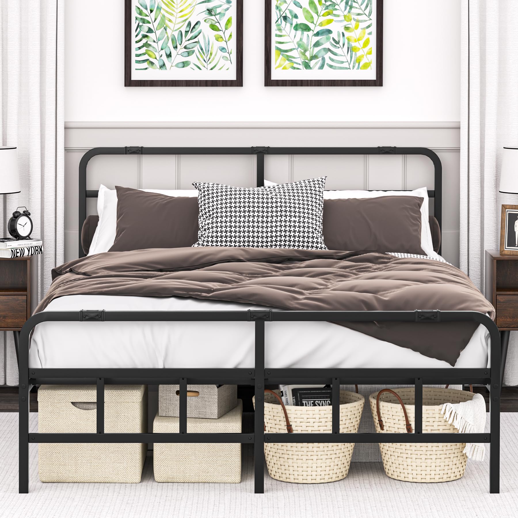 California King Bed Frames Metal Cal King Bed Frame with Headboard 14 Inch  Black California King Bed Frame Strong Support Mattress Foundation,Noisy