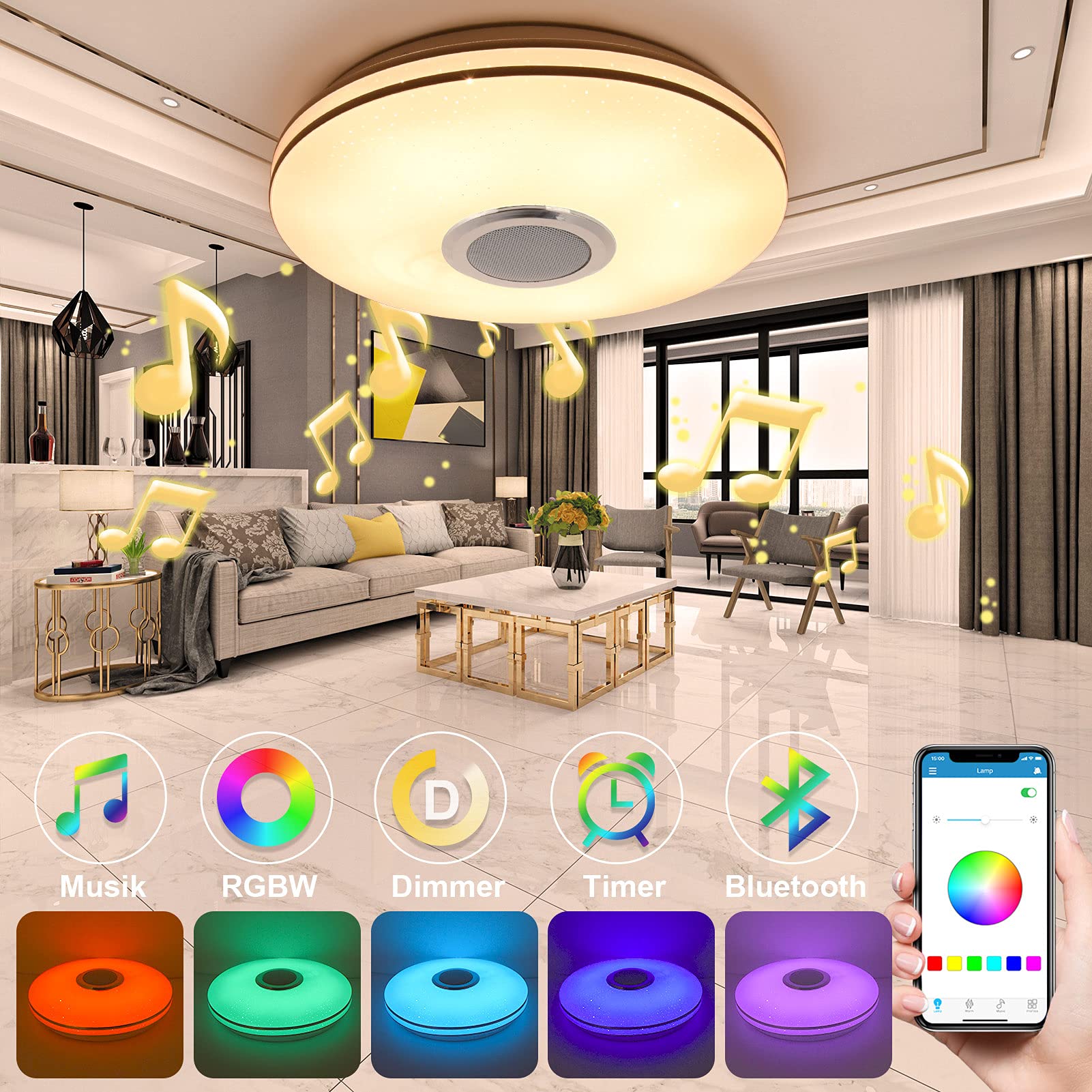 MILFECH 36W LED Deckenleuchte Dimmbar mit Bluetooth Lautsprecher, Fernbedienung und APP-Steuerung, LED Deckenlampe mit RGB Farbwechsel, Musik für Schlafzimmer Kinderzimmer Wohnzimmer