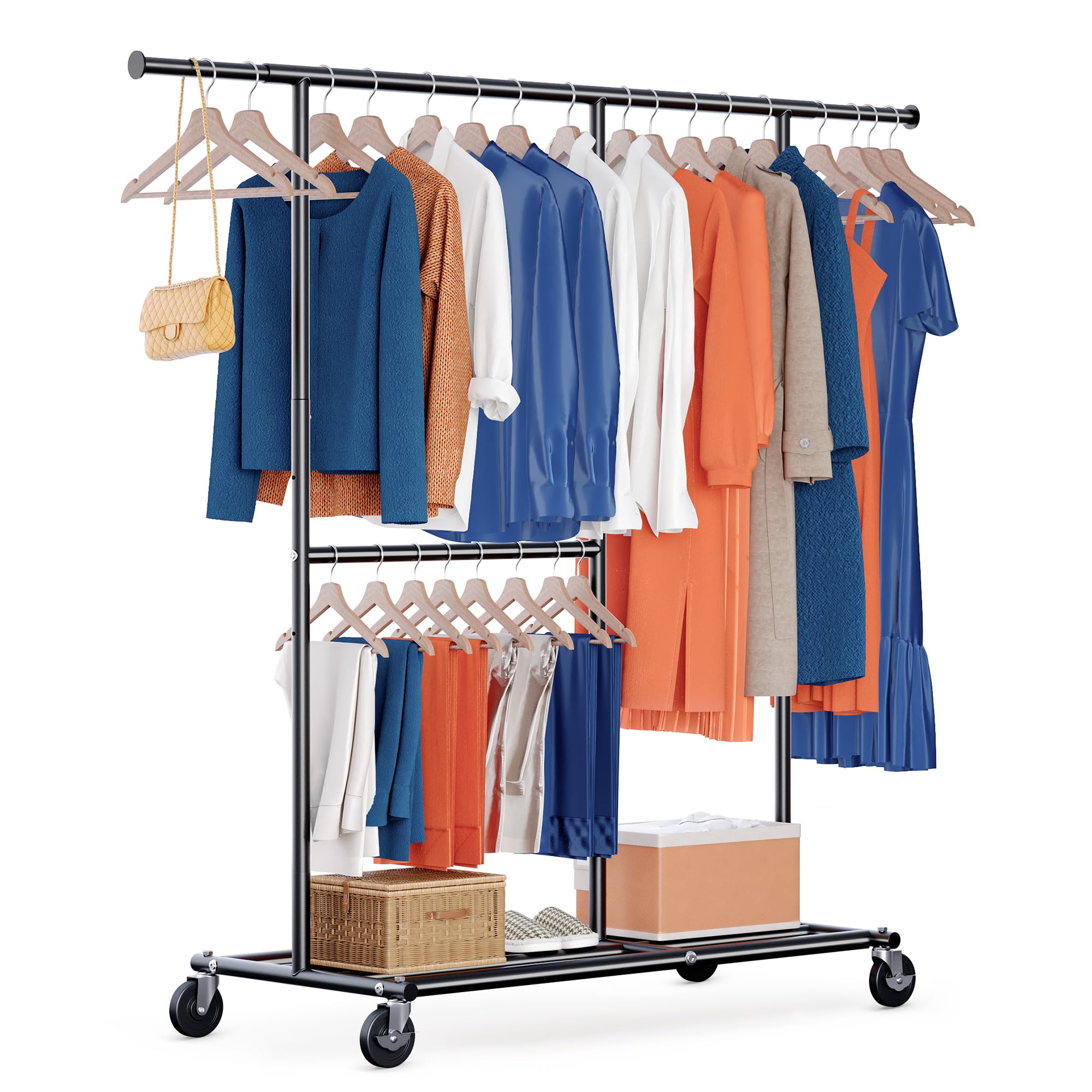 HOKEEPER Heavy Duty Double Clothes Rail with Wheels - 209kg (460lbs) Capacity, Adjustable Height & Extendable Rod, Mobile Wardrobe for Bedroom, Boutique, Black