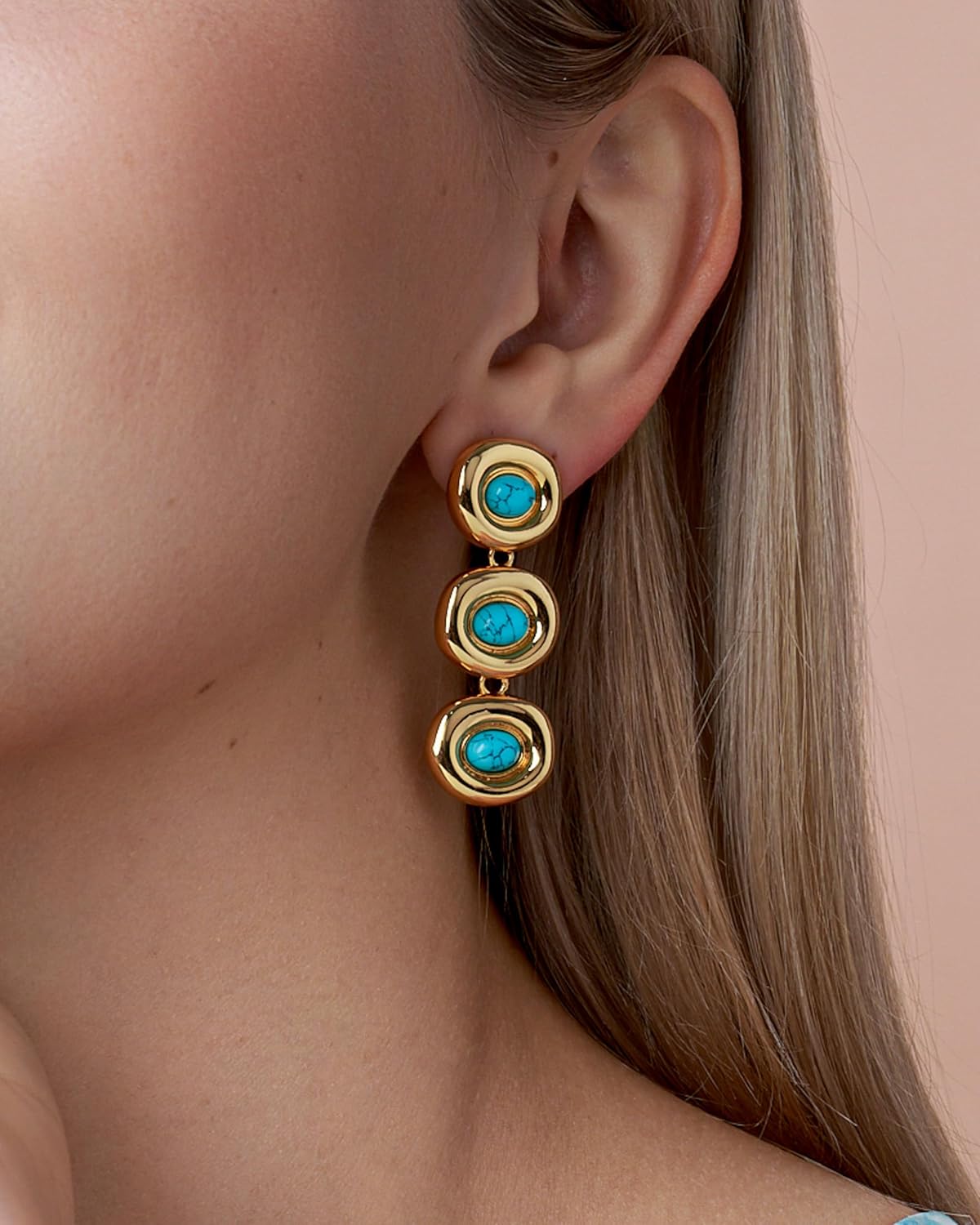 18K Gold Plated Blue Circular Round Oval Lapis Lazuli Resin Gemstone Long Dangle Drop Statement Earrings for Women by SNGIA, Chunky Vintage Retro Boho Bold Handmade Natural Exaggerated Trendy Bohemian Jewelry Gifts, Unique Baroque Dangling Stone Summer Beach Fashion Stud Earrings Accessories, Nickle Free Huggies Earrings