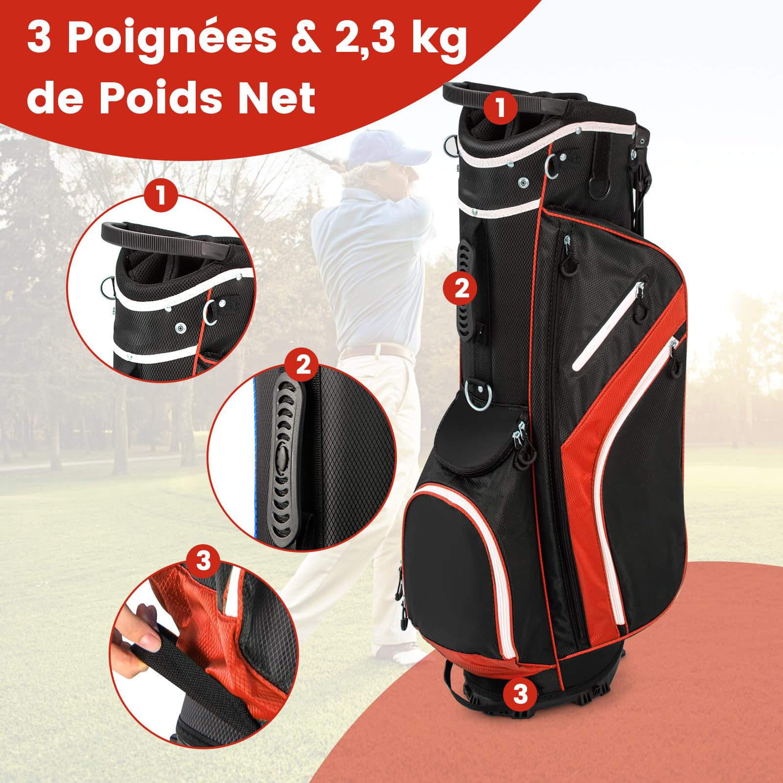 COSTWAY Sac de Golf avec 14 Compartiments Séparés, Sac de Club de Golf Portable avec 6 Poches Zippées Comprenant Sac Isotherme Capuche Anti-Pluie Double Sangle, Sac Léger