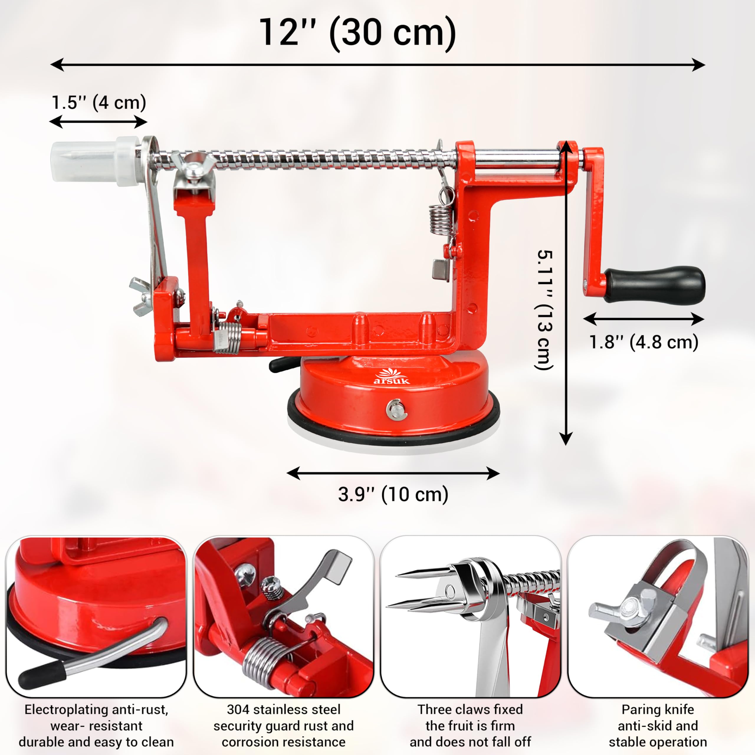 Sbuccia Mela Affettatrice e Levatorsoli - (2 Lame Extra e 1 Levatorsoli) Macchina da Cucina 3 in 1 per Pelare Verdure e Frutta, Lama Regolabile in Acciaio Inox, Base Antiscivolo a Ventosa
