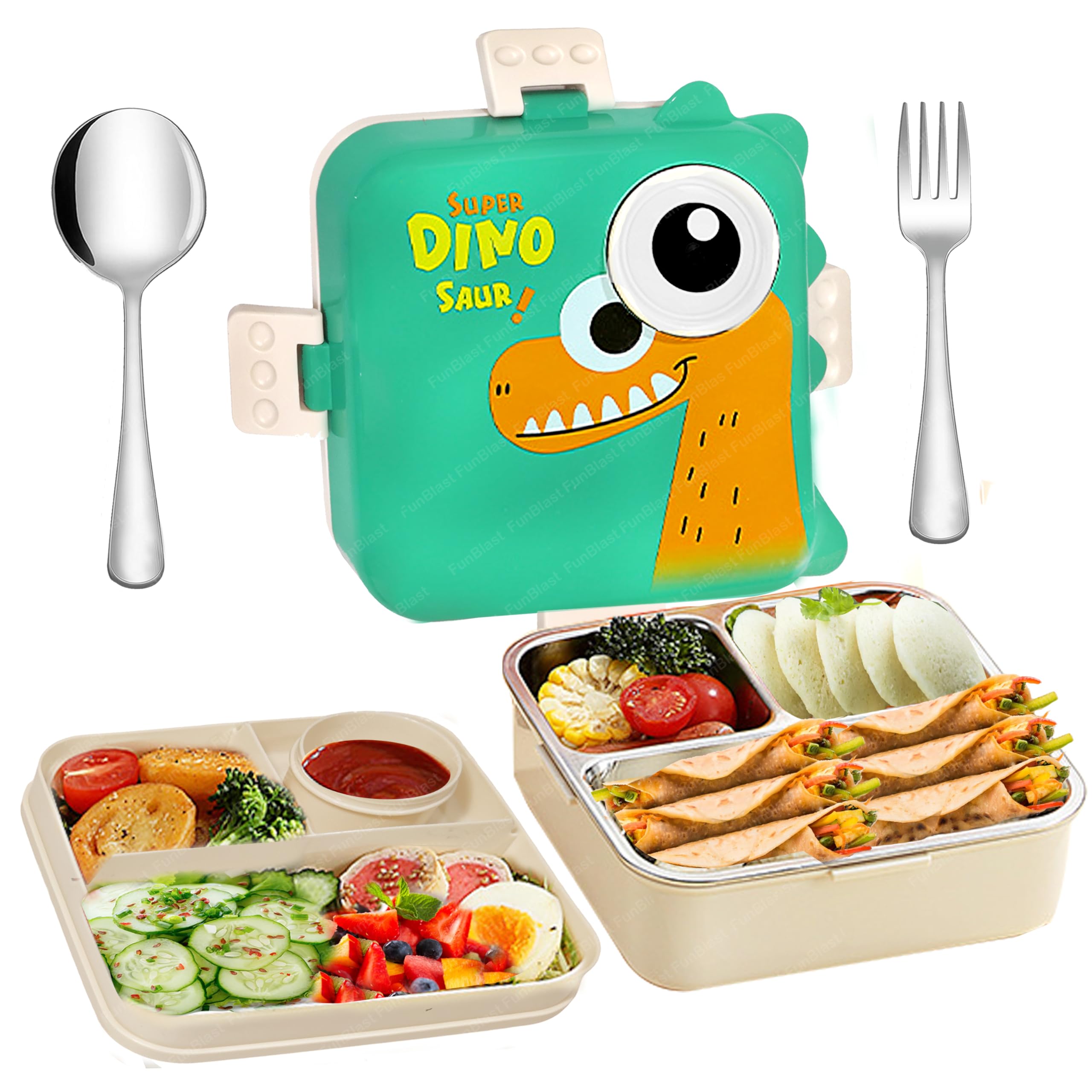 FunBlast Lunch Box for Kids - 3 Compartment Tiffin Box, SS304+PP+Silicone Stainless Steel Lunch Box for Kids, Insulated Bento Lunch Box for Kids, Tiffin Box with Spoon & Fork (Dino-Green) (B0D3V4Z538) Amazon Price History, Amazon Price Tracker