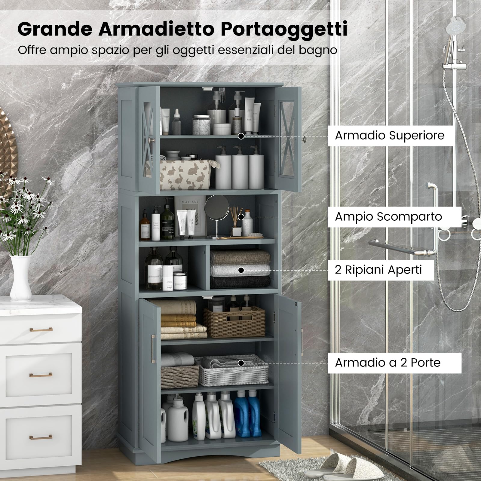 COSTWAY Mobile Bagno, Armadietto Salvaspazio con Porte in Acrilico, Ripiani Regolabili e Ampio Scomparto, Armadio da Terra in Legno per Soggiorno, Camera da Letto, Salotto e Cucina (Grigio)
