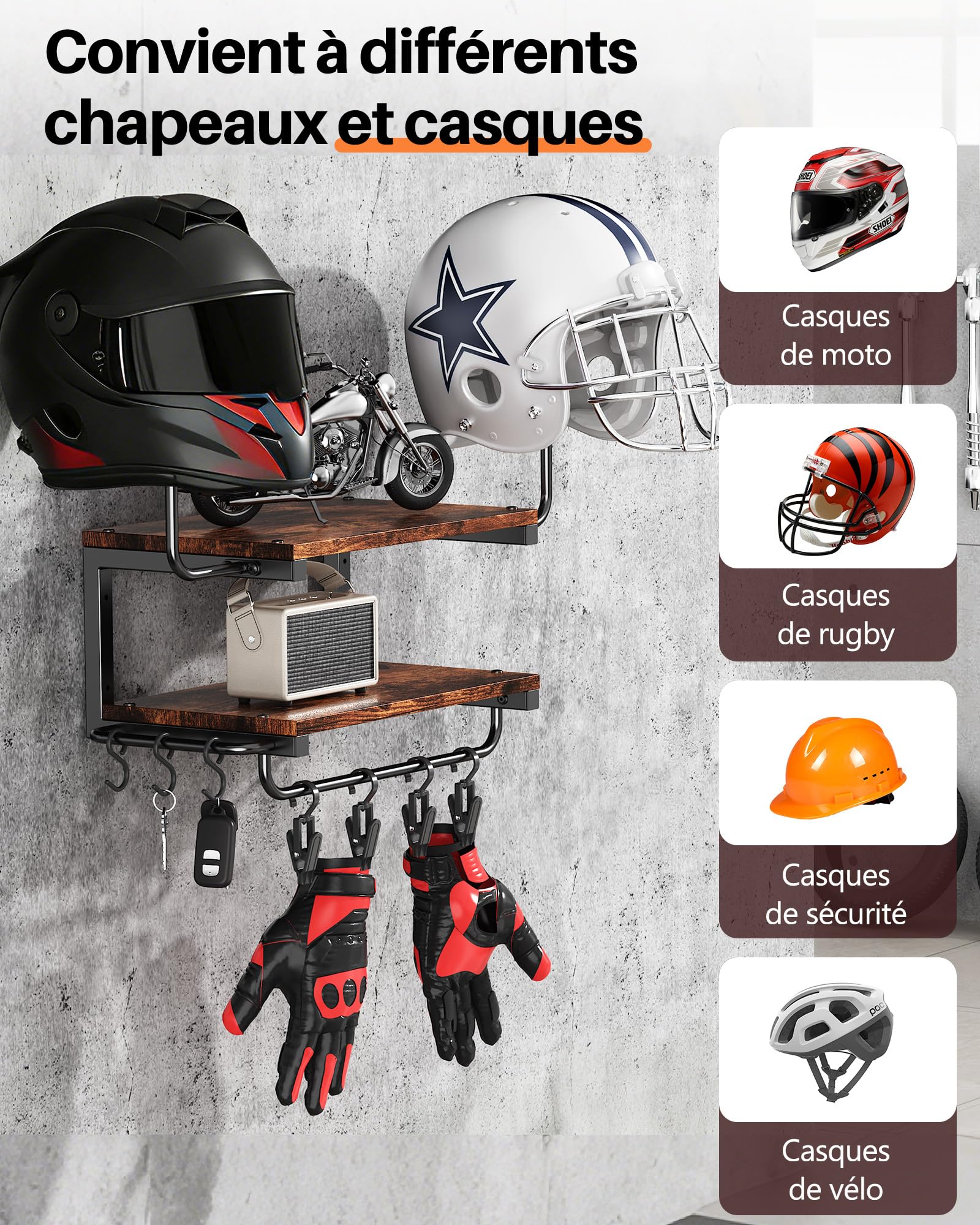 Support Casque Moto pour Accrocher Casquettes et Vestes, Marron