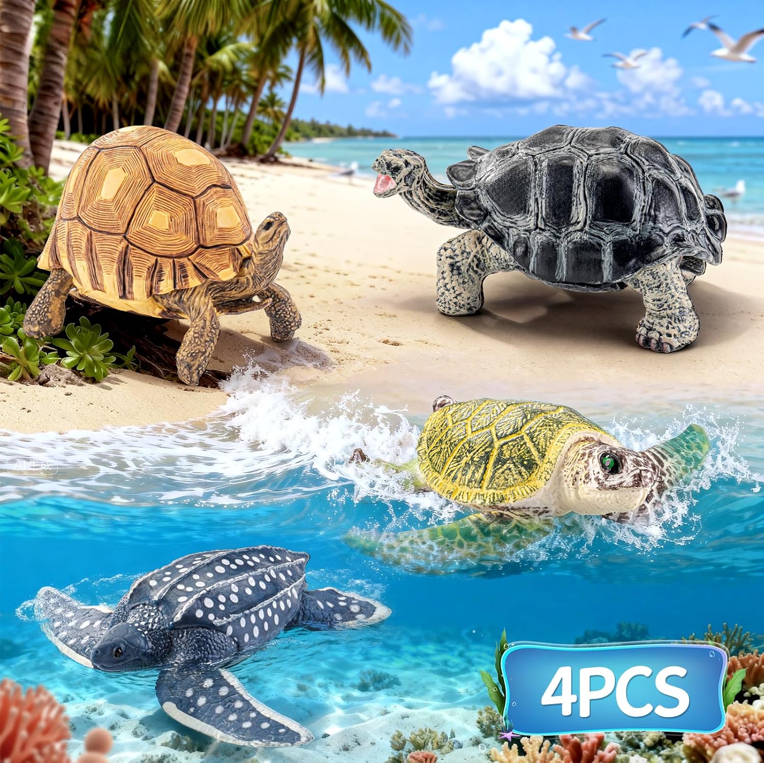 4PCS Large Sea Turtle & Tortoise Toys Figurines, Realistic Plastic Solid Sea Ocean Animals Figures Educational Toys for Kids Ages 3-5 5-7 4-8 8-12 Boys Girls