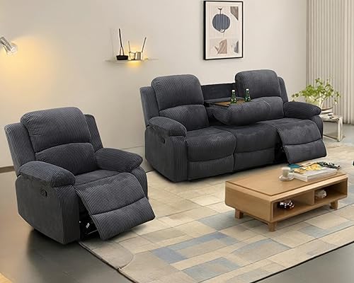 Miniatura 8 de Juego de sofá reclinable para sala de estar, juego de muebles de sala de estar, 2 piezas, sofá de tela de pana y juego reclinable con mesa gris