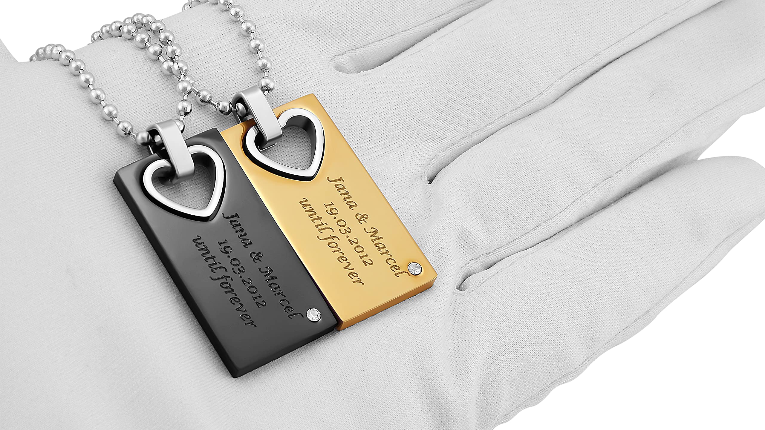 2 Stück Personalisierte Kette mit Gravur Edelstahl 50 cm mit Anhänger Herz Rechteck in silber schwarz gold - Personalisierte Geschenke für Damen Herren Freundin Freund - Partner Halskette