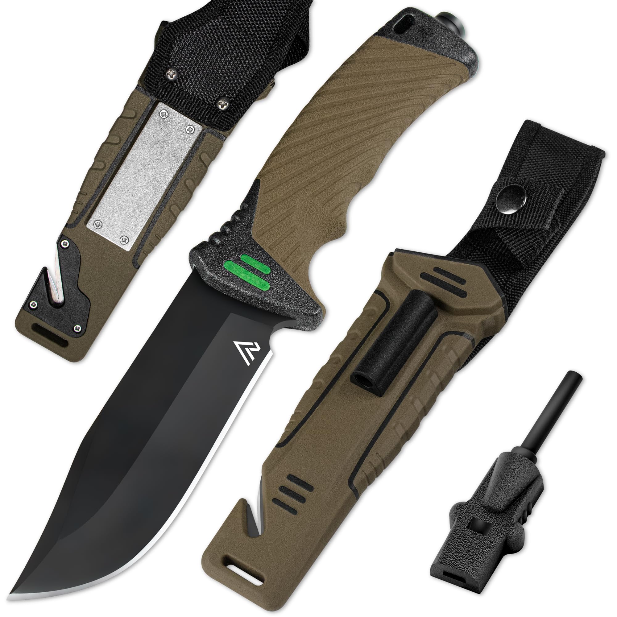 naifu® - The Hunter X - MARONNE - Coltello sopravvivenza a lama fissa da 12 cm in acciaio inossidabile - Coltello da caccia - Sopravvivenza - Bushcraft - Accendino e affilatore inclusi