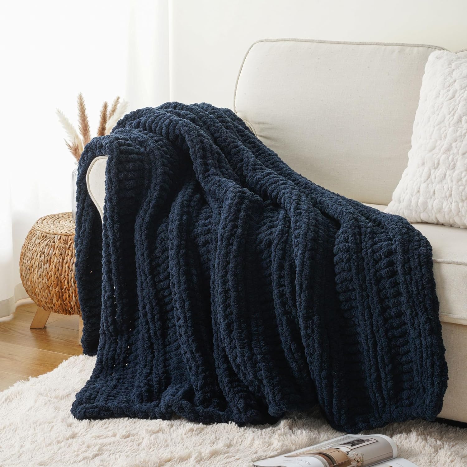 battilo navy chunky knit throw blanket for couch, navy blue chenille throw blanket super soft cozy thick warm cable knitted blanket for bed, sofa, living room, 50"x60" navy 50"x60"