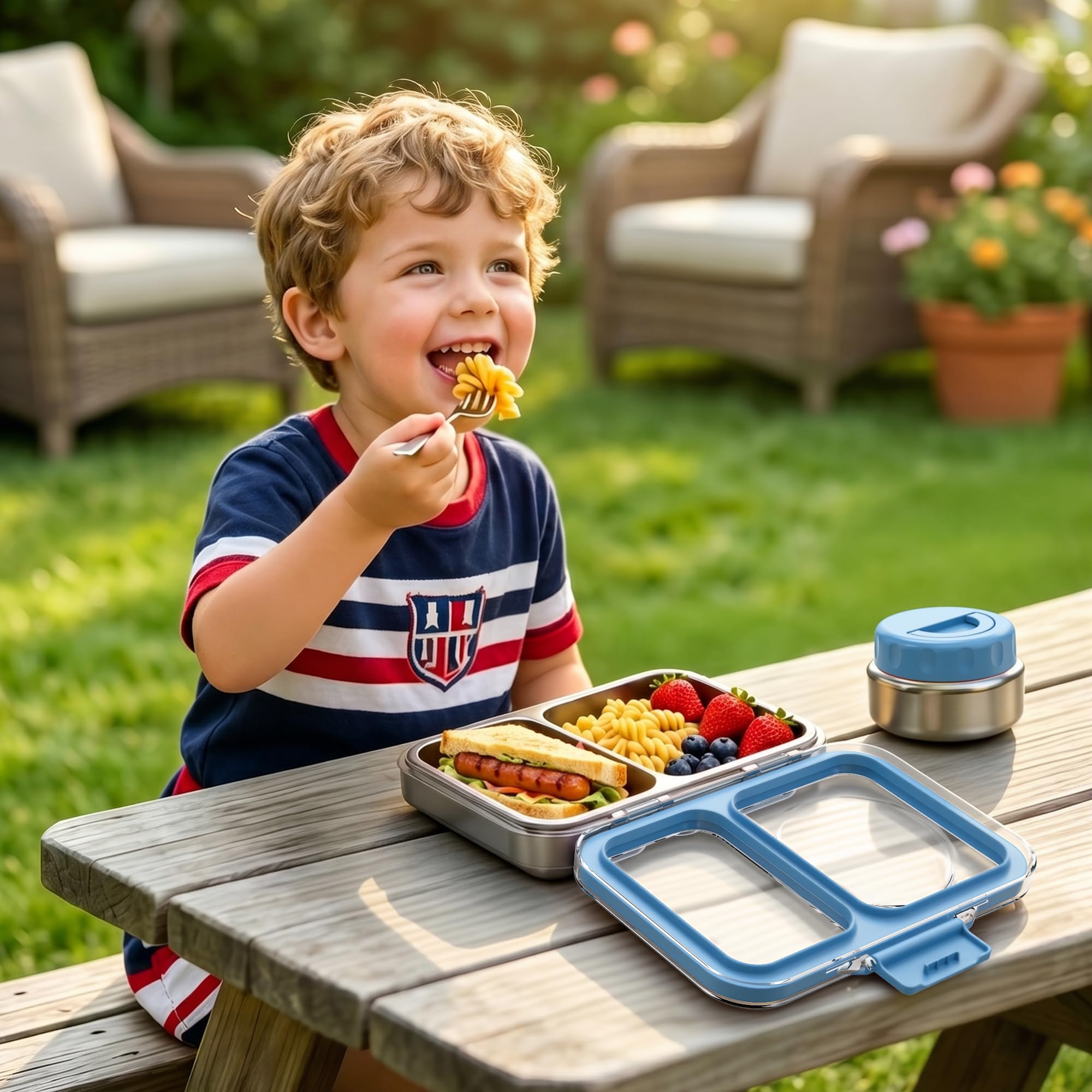 Itslife Brotdose Edelstahl mit 280ml Thermobehälter, 2 Fächern Auslaufsicherer Bento Box für Kinder und Erwachsene, Spülmaschinenfest, Tritan-Deckel, BPA-frei, 18/8-Edelstahl, Blau
