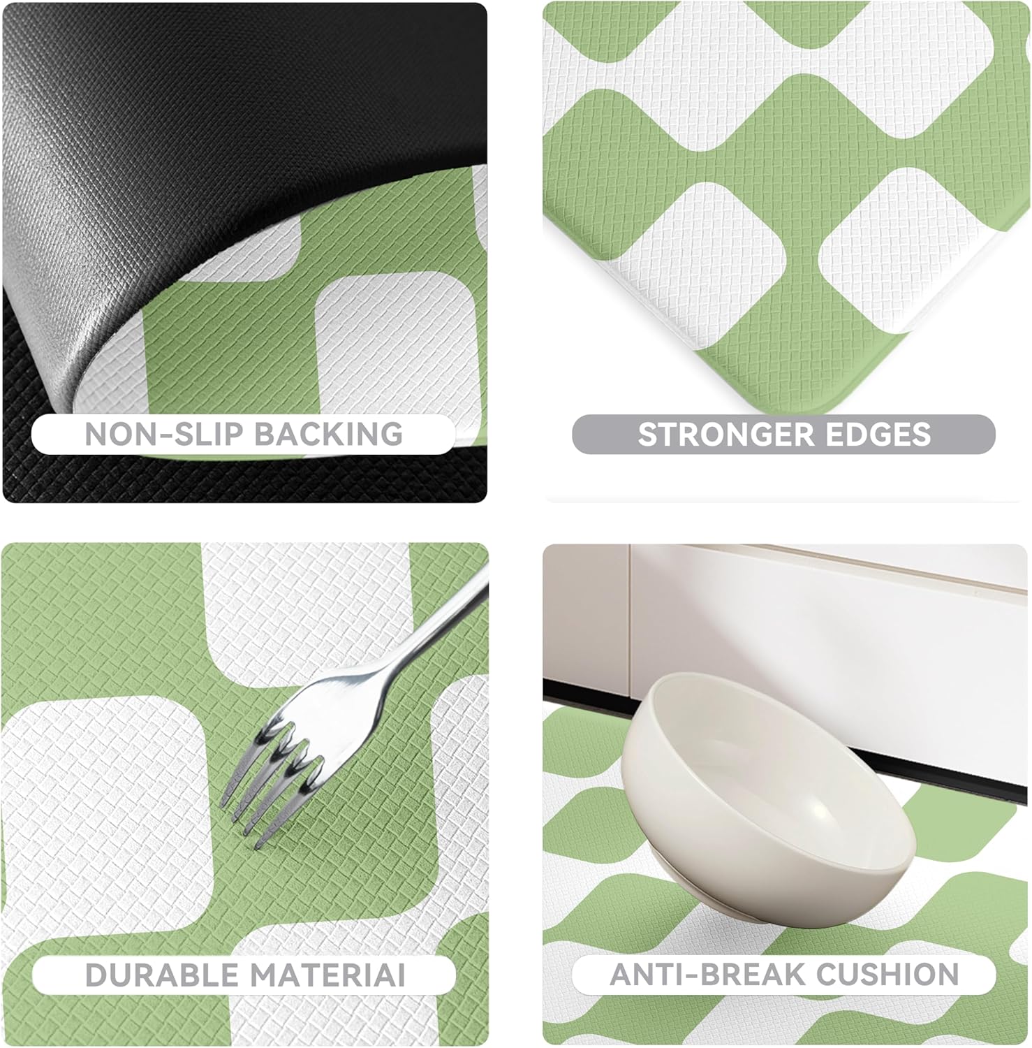 Fresh Green Retro Curvy Checkered Grid Checkerboard Kitchen Rug Sets [2 PCs], Anti-Fatigue, Waterproof Non-Slip Kitchen Mats Heavy Duty Comfort Foam Rug for Floor, Home, Laundry,17"x29"+17"x47"