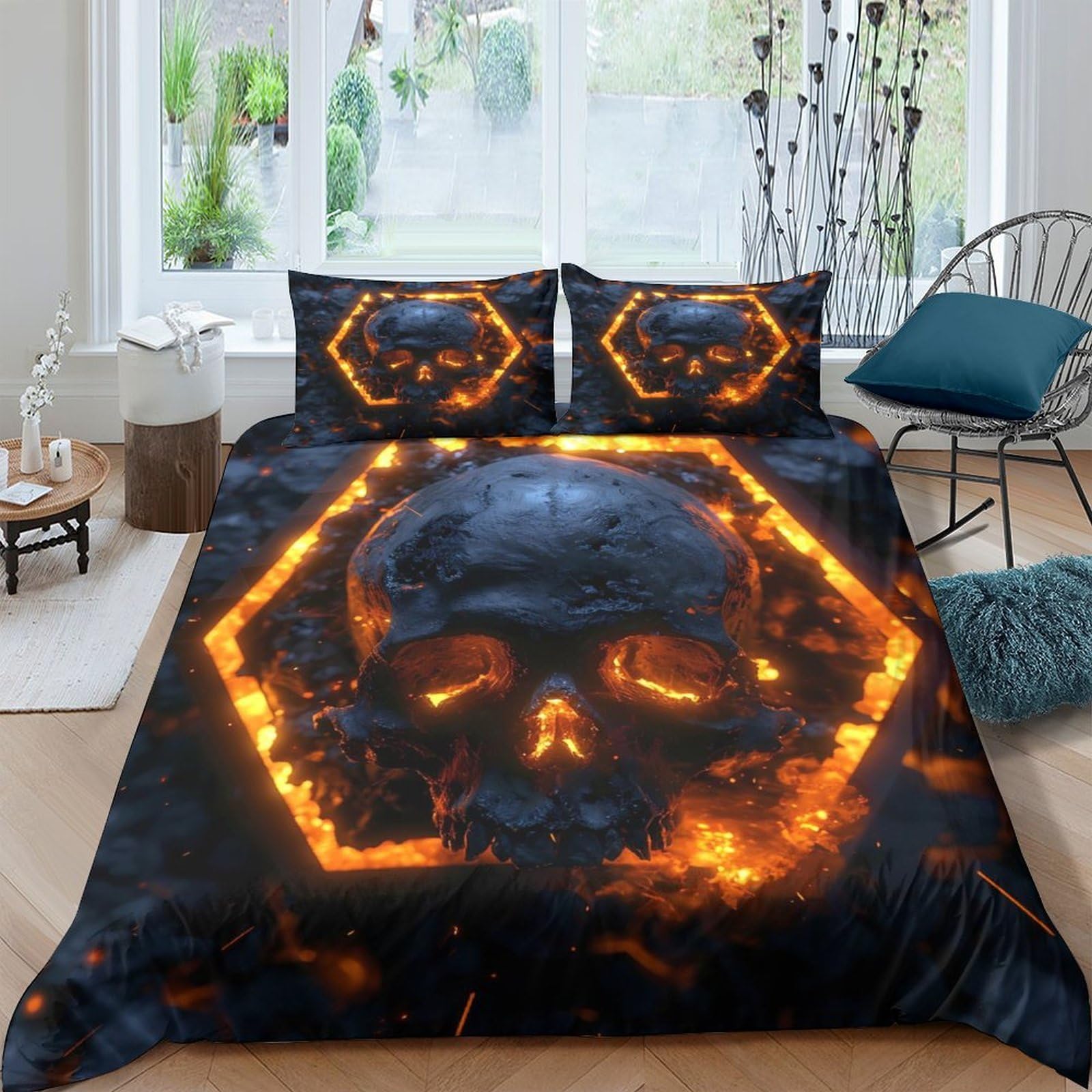 Ctjqhvkz Style-7 3D Printed Flaming Skull Fitted Sheet Microfiber Black Orange Hexagon Mattress Cover For Bedroom Dorm Apartment Decor Single（135X200cm）