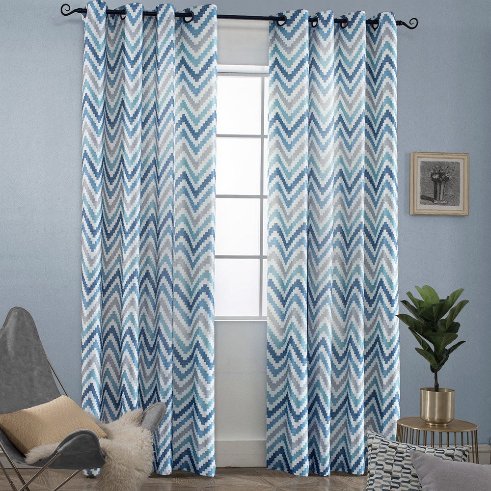 Melodieux Chevron Grommet Top Window Curtains for Living Room, 52 by 63 Inch, Blue (1 Panel)