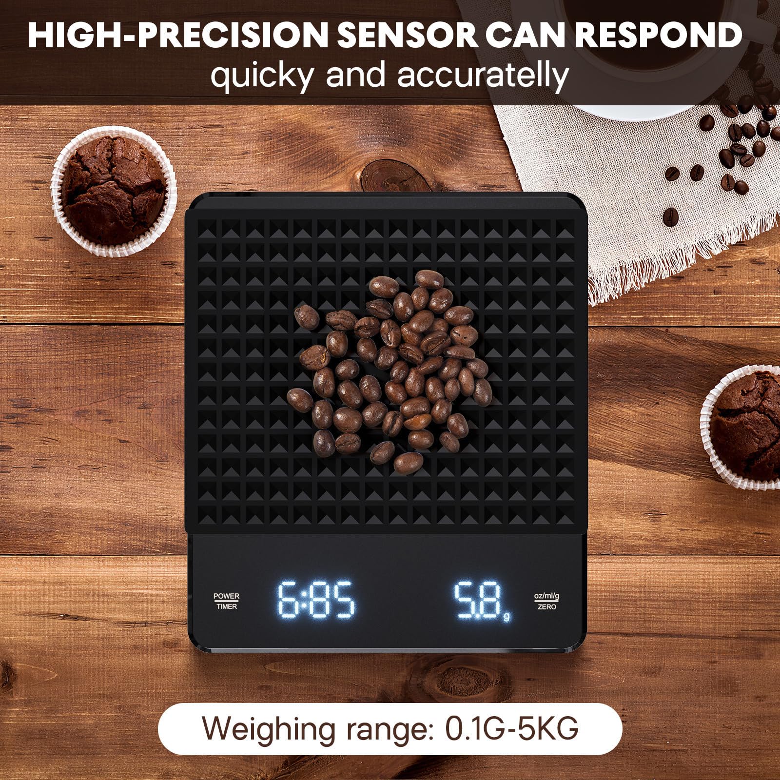 Bilancia Digitale per Caffè 5kg/0, 1g con Timer, Nero Abs