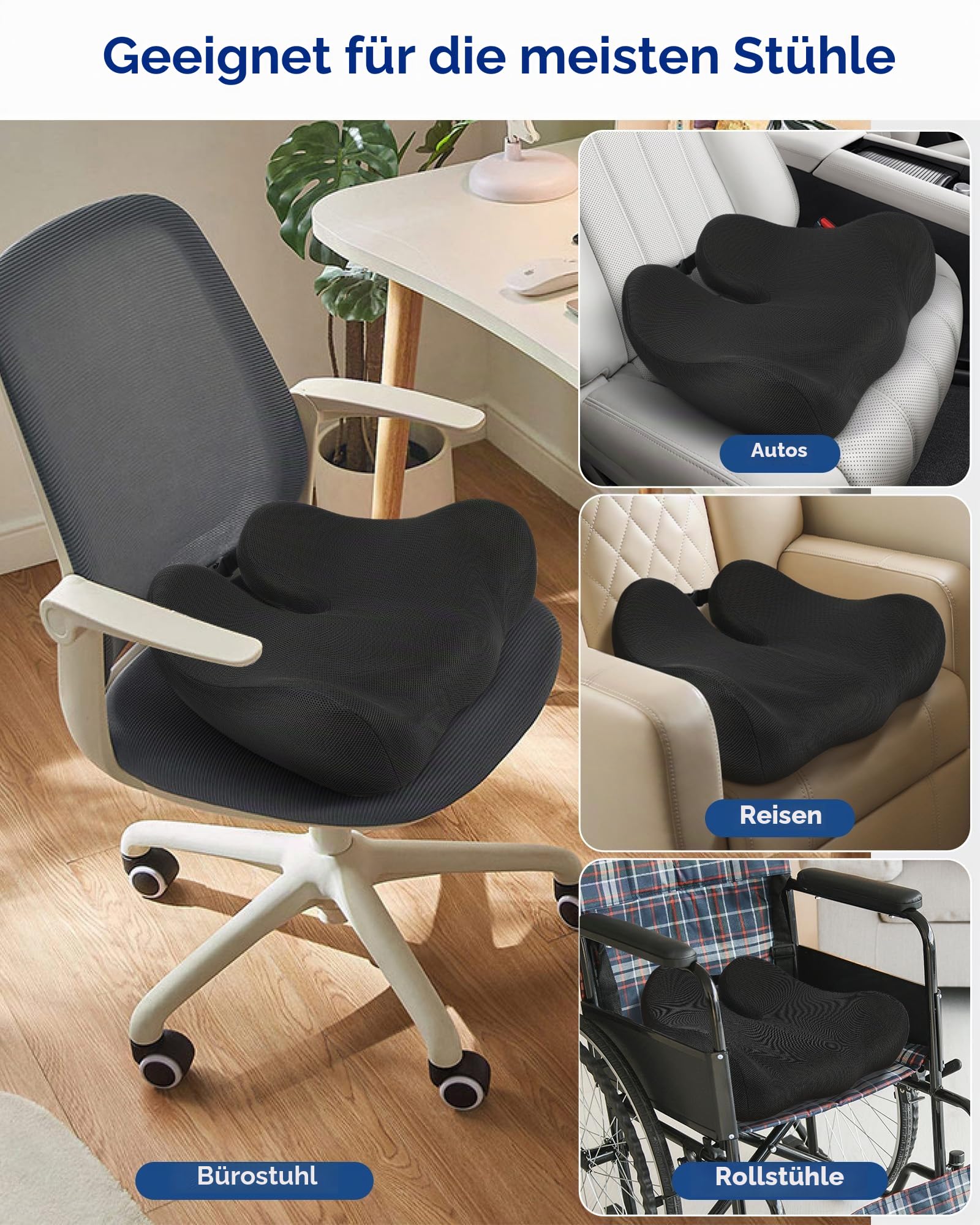 Feagar Ergonomisches Memory-Schaum Sitzkissen Für Bürostuhl (Bis 100kg) | Orthopädisches Steißbeinkissen Für Langem Sitzen, Rutschfest, Rundum-Komfort, Für Autositz, Home Office & Gaming Stuhl