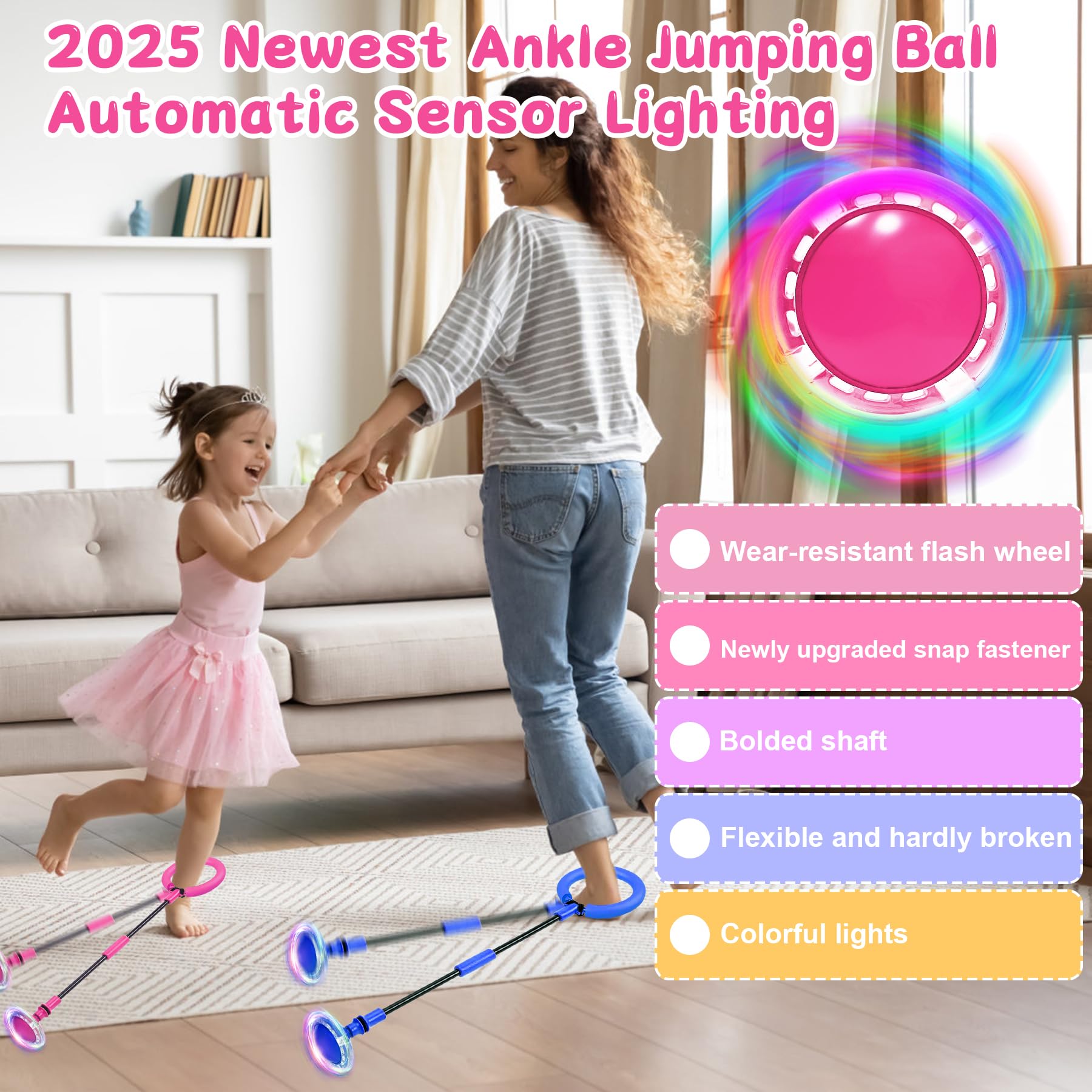 TZEKING Bola de Salto de Tobillo Intermitente Plegable Colorida con Conteo de Tiempo (Rosa)