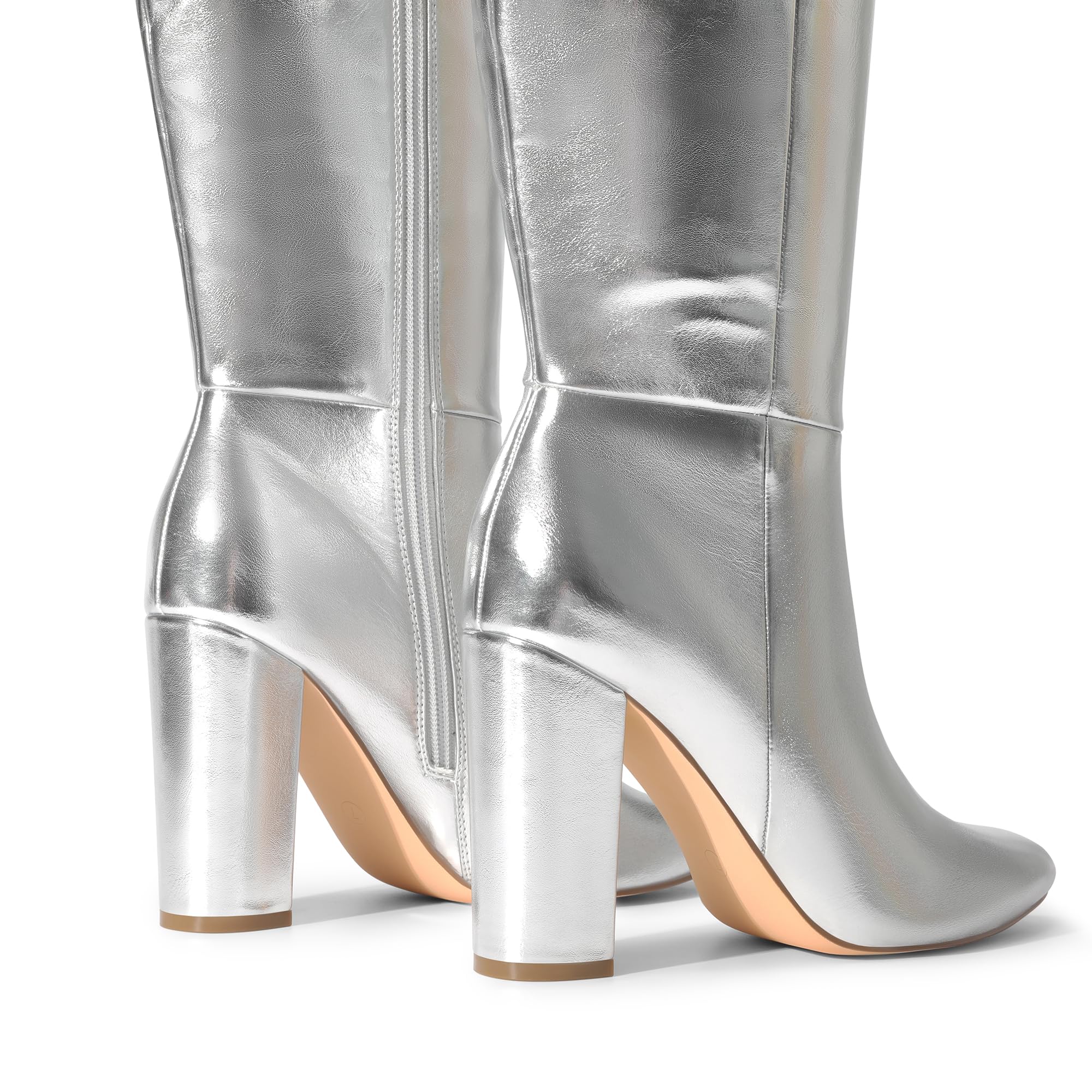 DREAM PAIRS Women's Knee-High Boots Comfortable Chunky Block Heel Side Zipper: 7 Metallic Silver
