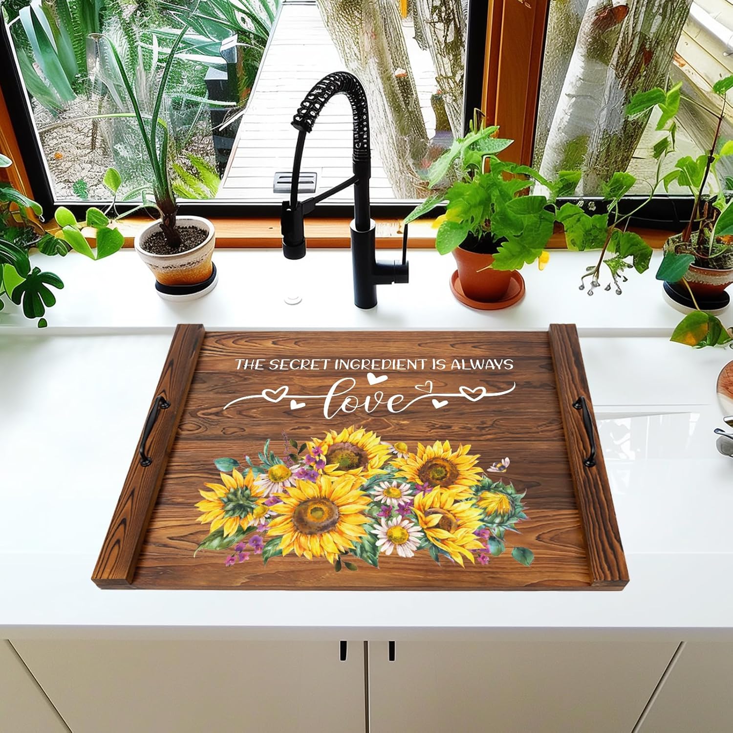 Noodle Board Stovetop Cover with Handles, Sunflower Kitchen Decor Wood Block Covers for Electric & Gas Stove, RV Stove Burner and Sink, Farmhouse Decorative Wooden Tray for Kitchen