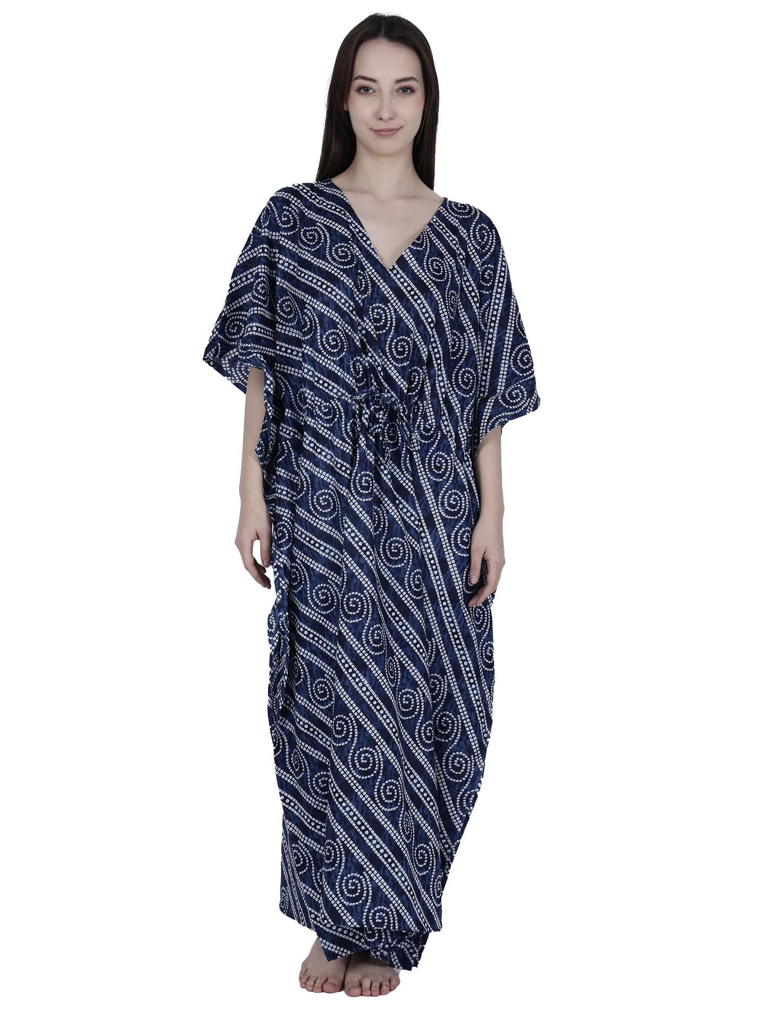 Women's Beach Cover Long Kaftan Dress, Navy Blue with White Spiral Print, V-Neck, Batwing Sleeves-image-30