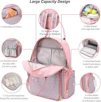 Diaper Bag Backpack Mommy Hospital Baby Bags For Boys Girl Travel Backpacks Mom Grey Dad Diaper Bag Tote Baby Registery (Pink)