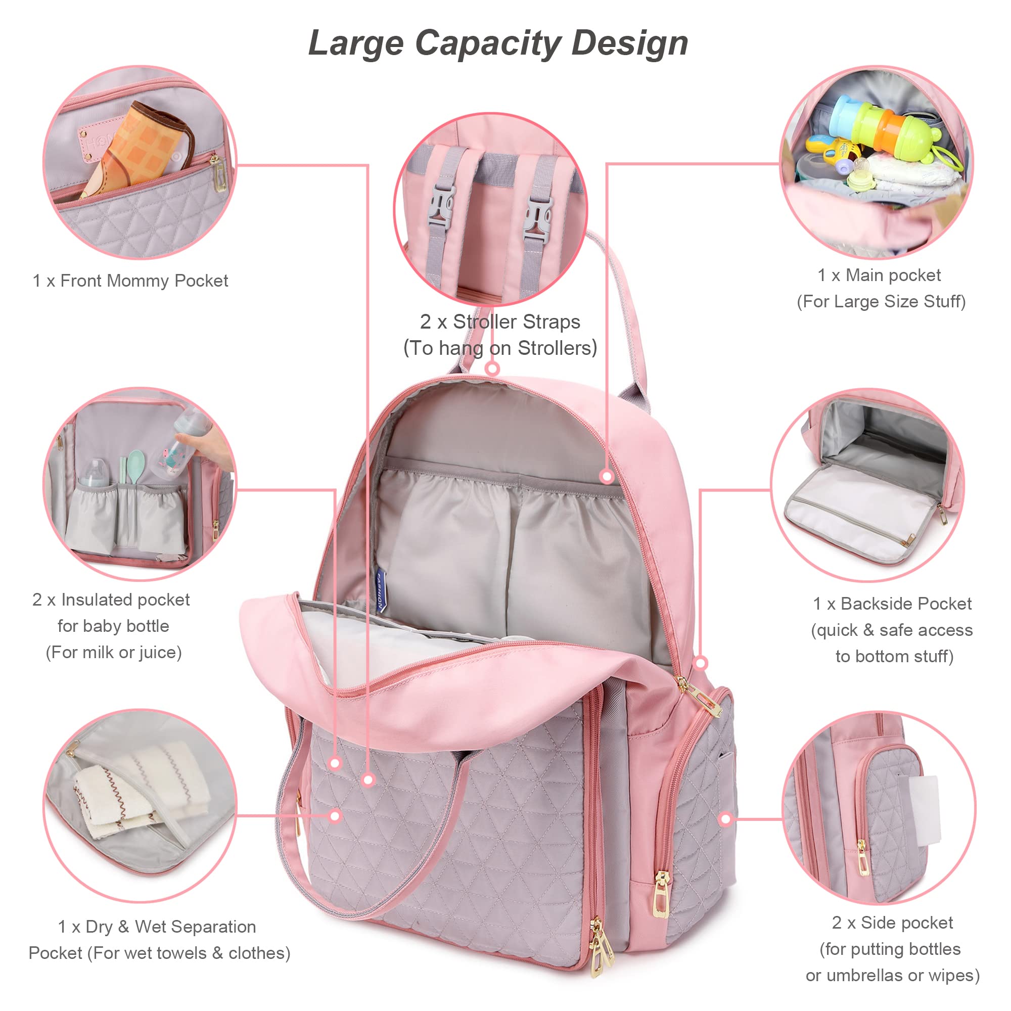 Mochila para pañales para mamá, hospital, bolsas de bebé para niños y niñas, mochilas de viaje para mamá, gris, papá, bolsa de pañales para registro de bebé, Pink, XL, Minimalista