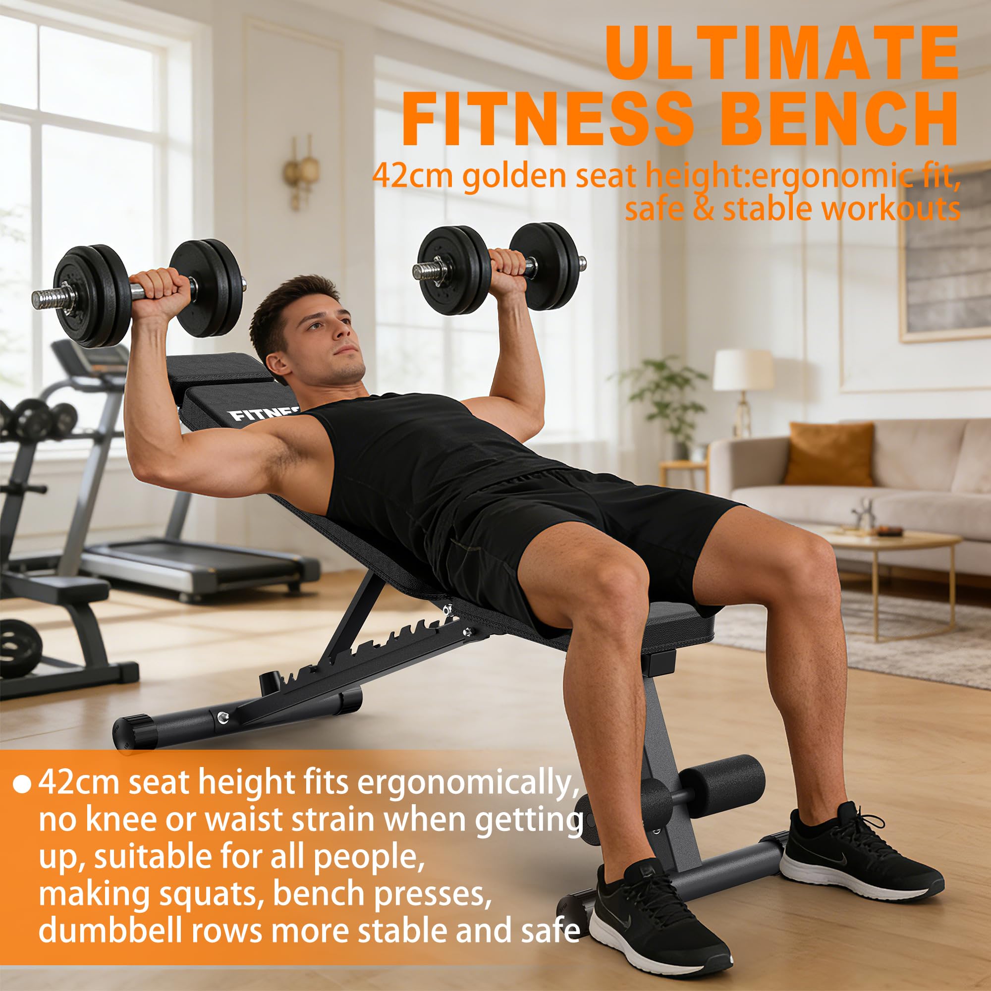 Panca regolabile per allenamento a casa, 10 angoli di regolazione (90°-205°), pieghevole, multifunzione, per allenamento, fitness, 420 mm, design stabile e confortevole