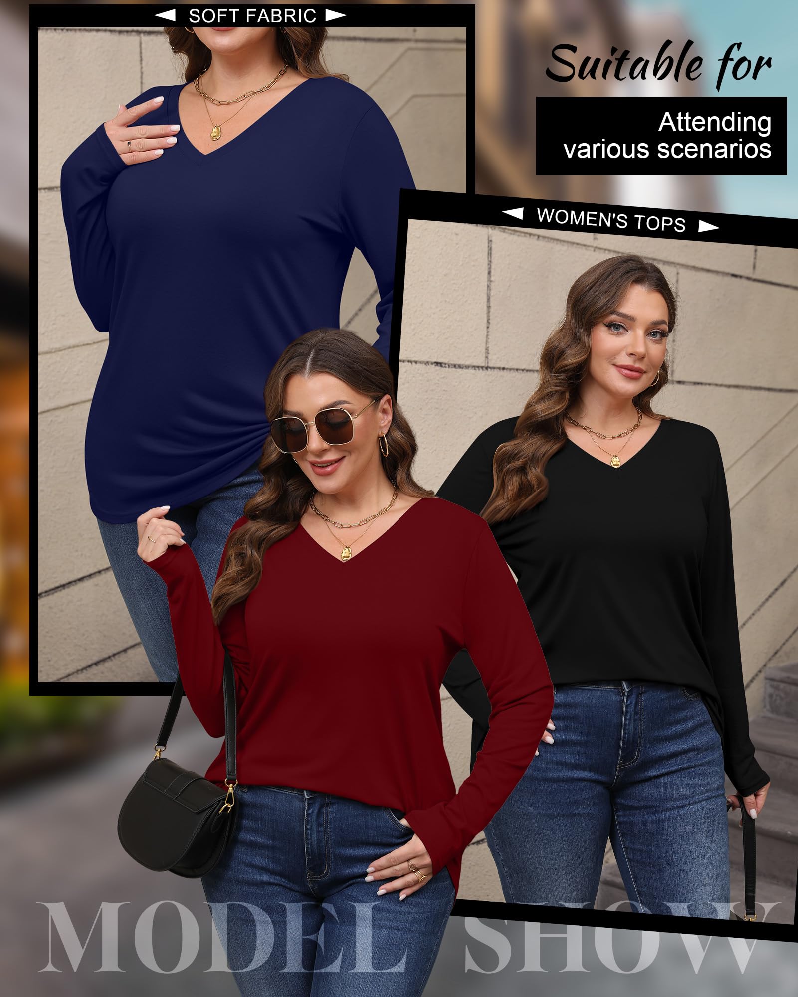 Riyiper 3er-Pack Damen Große Größen V-Ausschnitt Langarmshirts