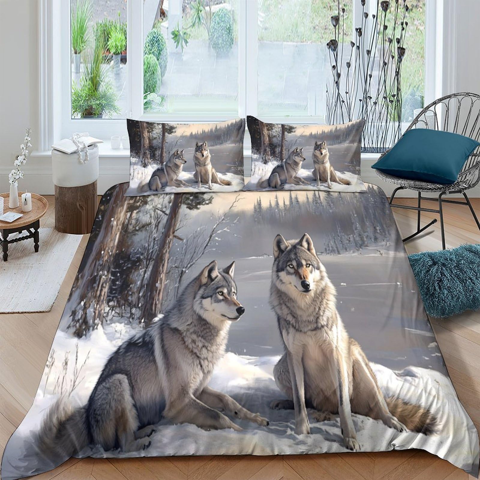 GPLZQXKJNH 3D Printed Wolf Forest Duvet Cover Microfiber Soft Breathable Winter Wolves Bedding Set with 2 Pillowcases for Bedroom Decor Single（135x200cm）