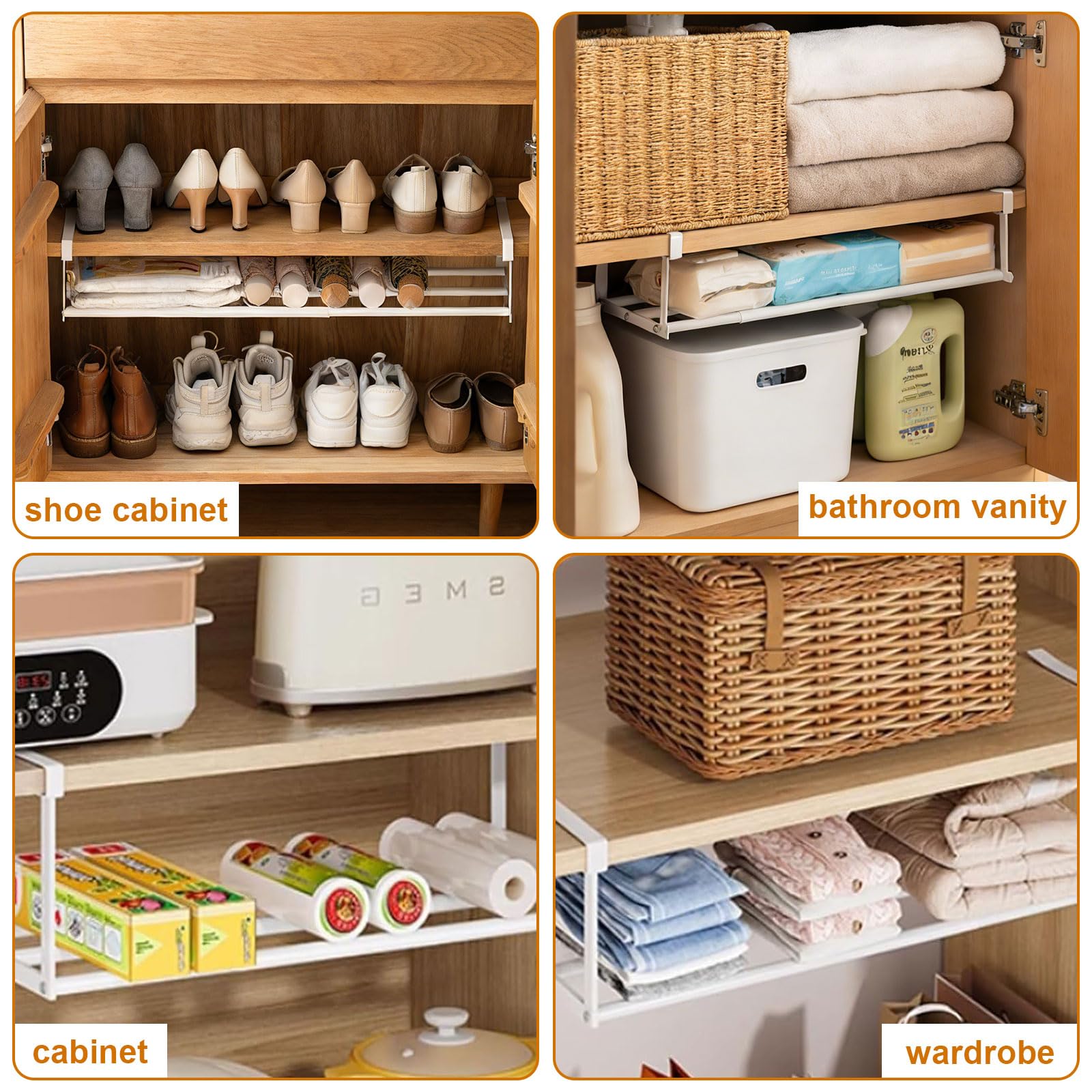 Zapatero colgante organizador en el armario, estante de armario extensible, ajustable 40-70 cm, organizador de zapatos que ahorra espacio, estantería de almacenamiento para cocina, zapatero y armarios