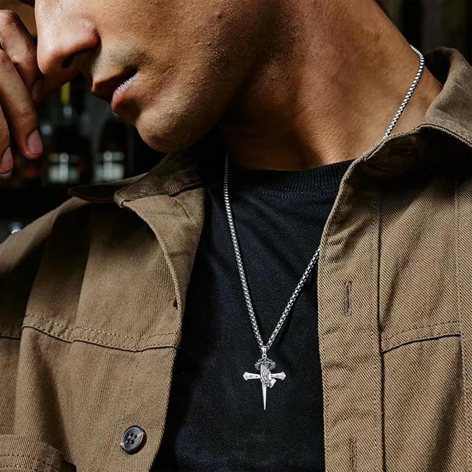 PROESS Praying Hands Cross Necklace 925 Sterling Silver Crown of Thorns Necklace Serenity Prayer Cross Pendant Cremation Jewelry Religious Gifts for Men Christian
