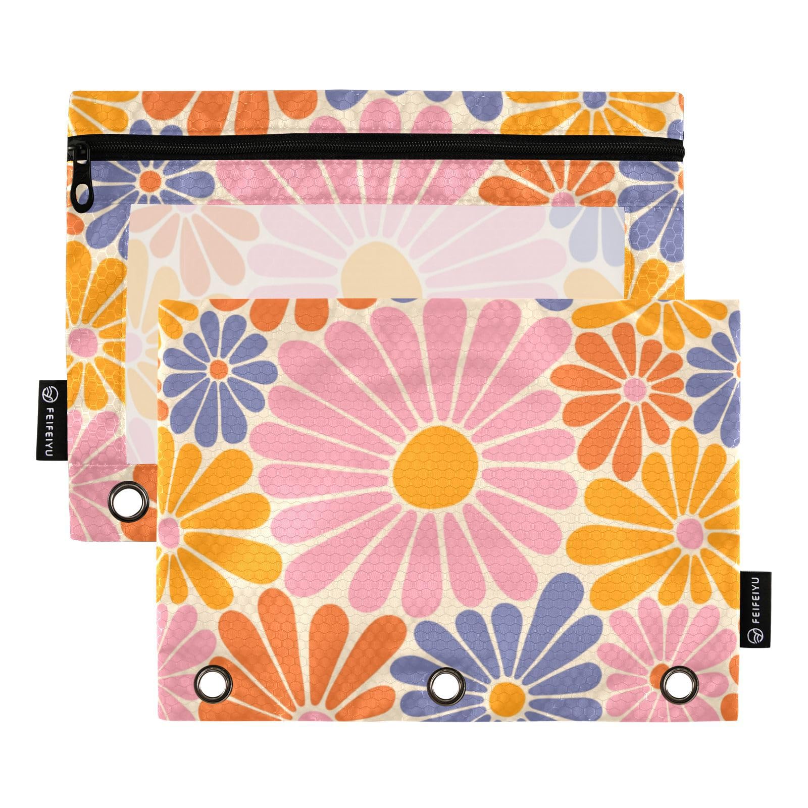 Gredecor Binder Pencil Pouch 3 Ring Hippie Retro Daisy Flowers Zipper Pencil Pouches Case 2 Pack Clear Binder Organizer for School Office
