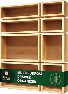 Bamboo Drawer Organizer Storage Box/Bin Set - Multi-Use Drawer Organizer for Kitchen, Bathroom, Office Desk, Makeup, Jewelry… (8 Boxes)