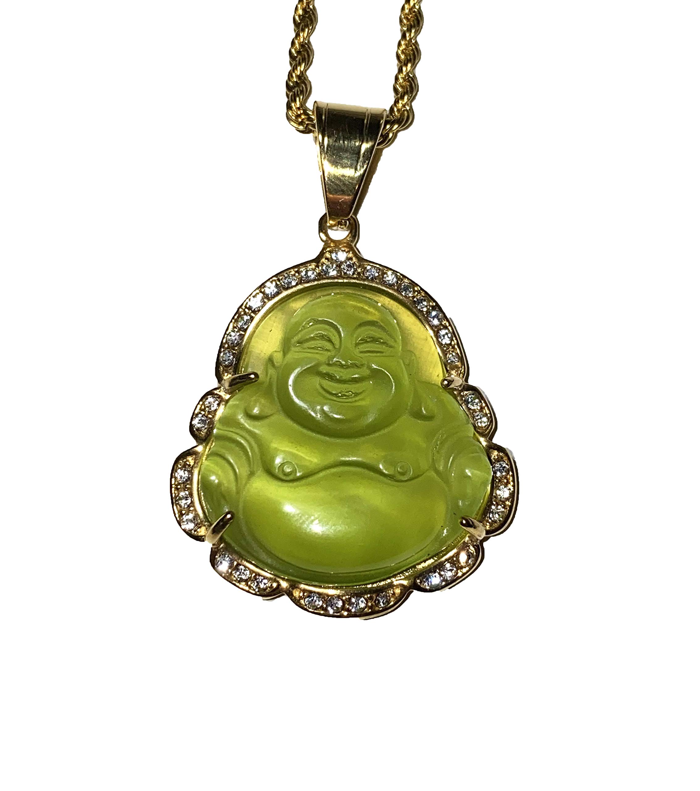 Laughing Buddha Yellow Mustard Jade Iced Diamond Pendant Necklace14k Gold P Rope Chain Genuine Certified Grade A Jadeite Jade Hand Crafted, Natural Green Obsidian Healing Mala Statue Prayer