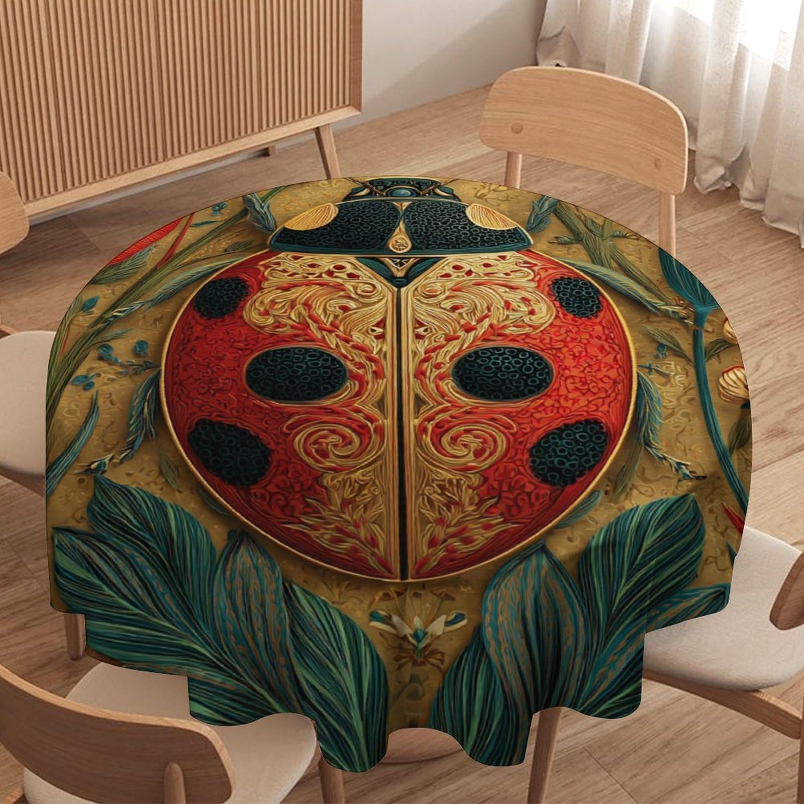 LUYYSKY Exotic Classic Ladybugs Round Tablecloth Retro Oil Painting Boho Animals Ladybugs Botanical Plants Floral Washable Decor for Table Cover for Kitchen-177.8" Wx177.8 L cm