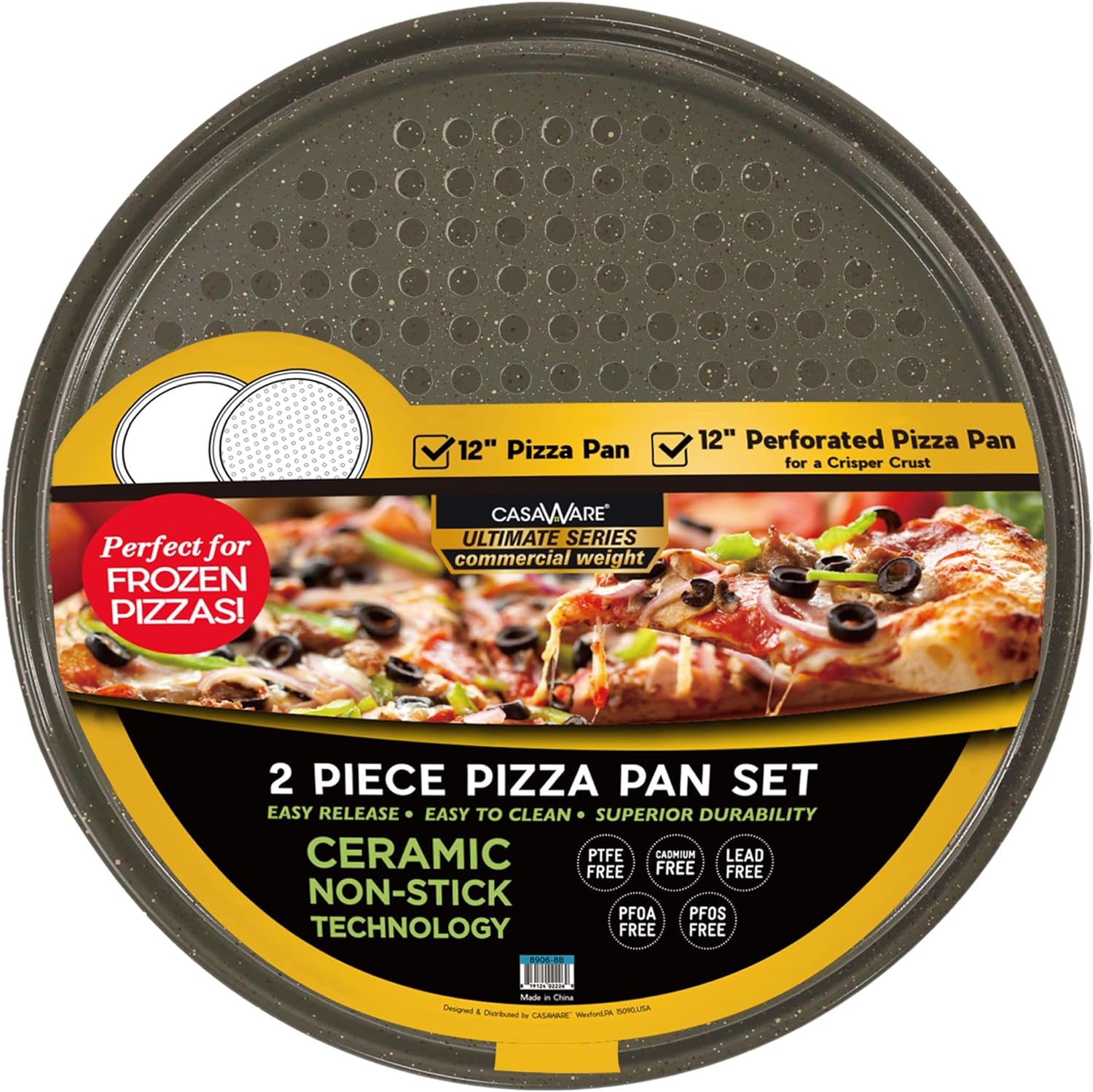 casaWare 2pc 12-inch Ultimate Pizza Pan Set, Nonstick, Ceramic Coated, (1) Solid, (1) Perforated (Silver Granite) - Image 2