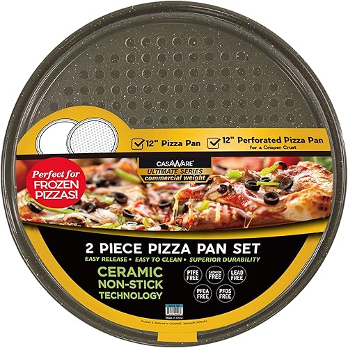 Miniatura 2 de casaWare Juego de 2 sartenes para pizza, (1) sartén antiadherente con revestimiento de cerámica de 12 pulgadas, (1) sartén para pizza perforada