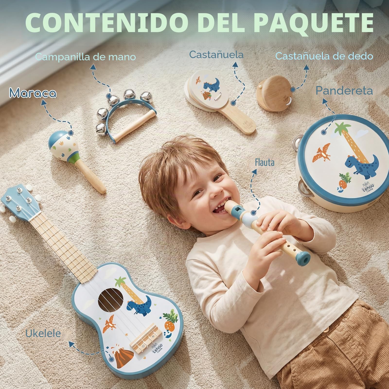 Lehoo Castle Juego de Guitarra Infantil con 7 Instrumentos usicales, Ukelele Niños de Madera con Pandereta, Flauta, Maracas y Sonajero, Educativos Juguete Musical Regalo 2 3 4 Años
