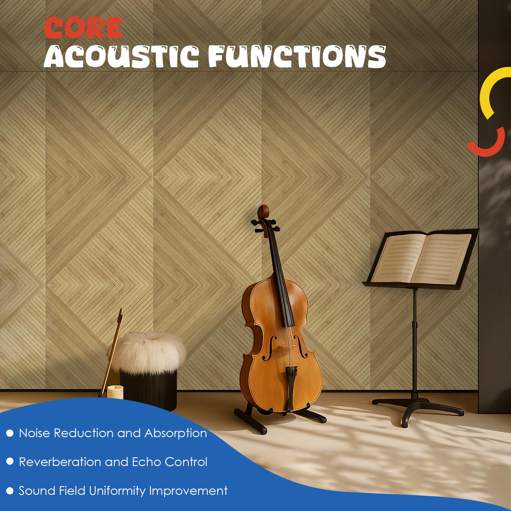 Pannelli acustici, confezione da 6 pannelli insonorizzanti, 50 x 50 cm, grandi, decorativi fonoassorbenti, trattamento acustico, autoadesivi, per casa, studio, ufficio, Light SymmetryLuxe