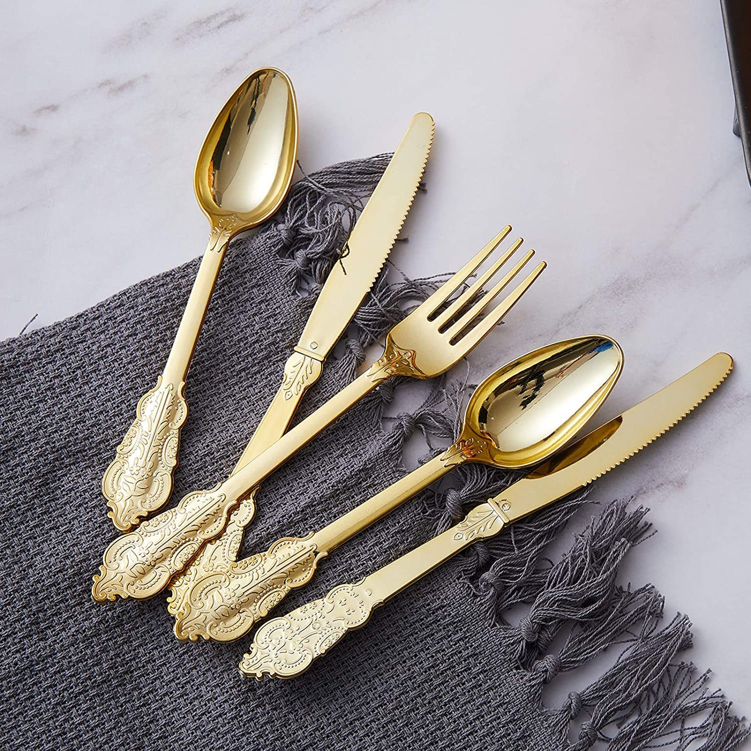 4basix Plastic Silverware Set Disposable Utensils -Including Plastic Forks, Knives, Spoons Heavyweight Cutlery Set for Vintage Wedding Anniversary-Party Flatware Plastic, Golden (12)