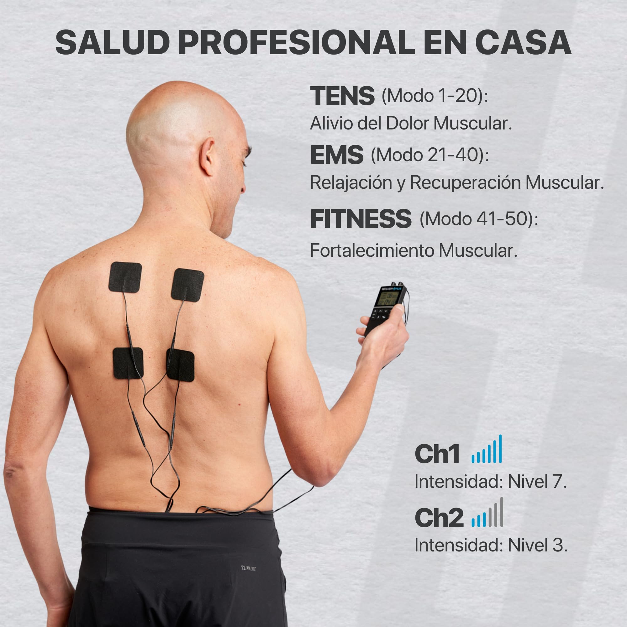 RECOVERY PLUS - Electroestimulador Muscular Digital de 50 Modos, EMS/TENS/FITNESS, Estimulador Portátil 3 en 1 con 4 Almohadillas TENS.