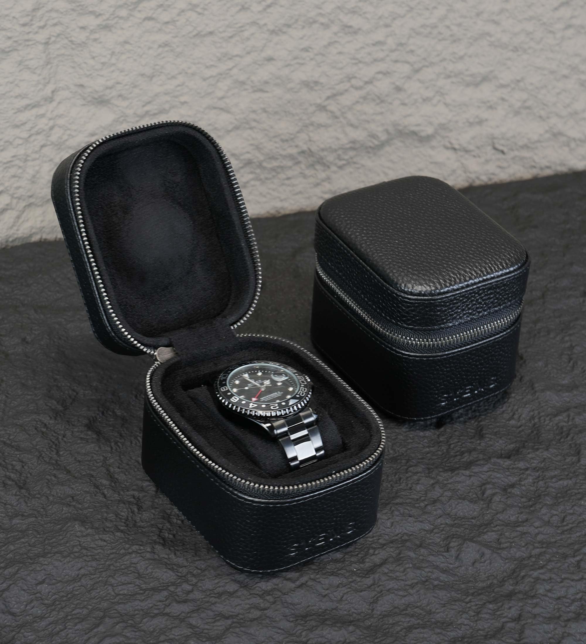 Scatola da viaggio per orologi, in vera pelle, per uomini e donne, con chiusura lampo, adatta per tutti gli orologi fino a 60 mm (1W-Z-BBL)