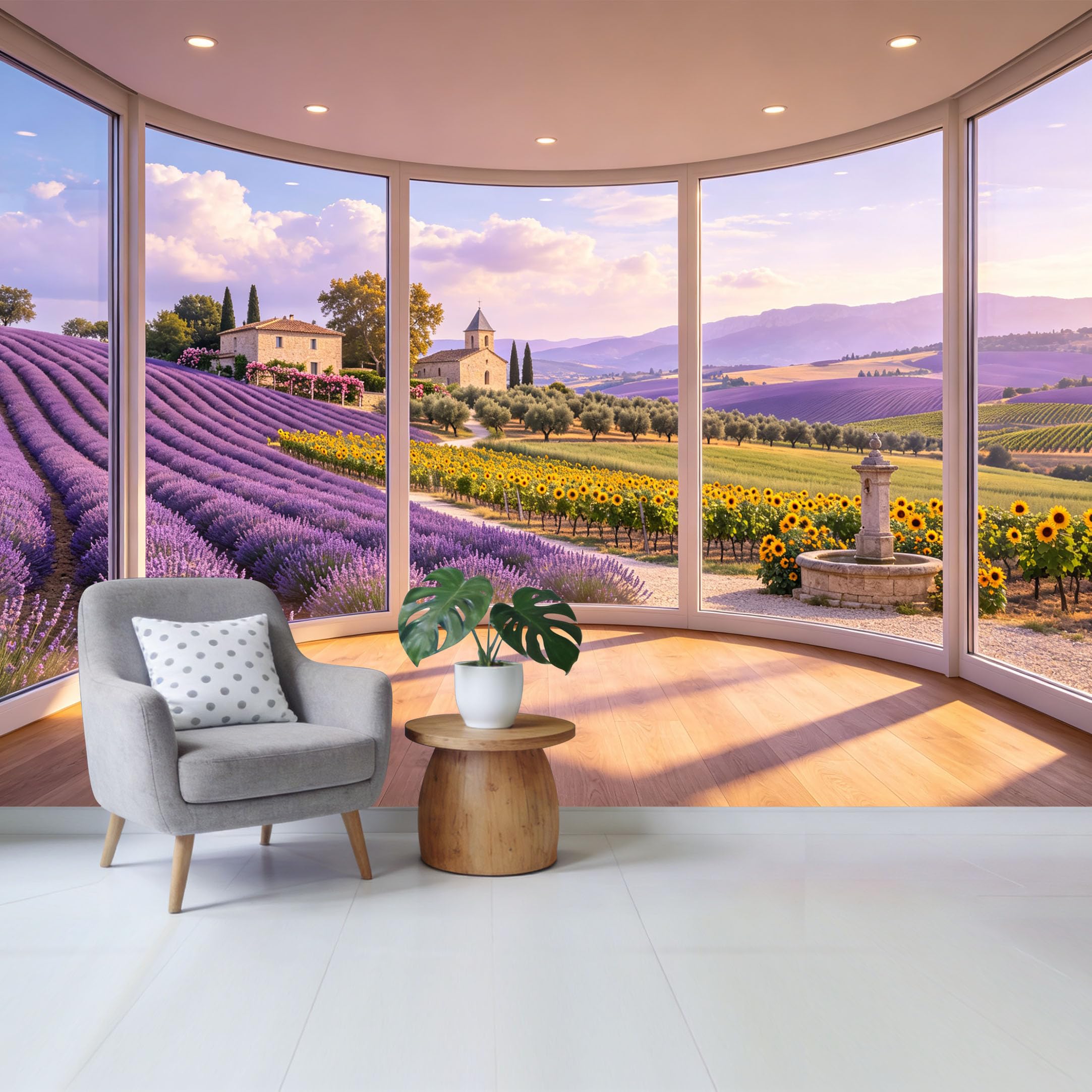 Removable Self Adhesive Fabric Mural， Provence Lavender Field Sunflower Landscape Custom Size Wall Covering， UV Protected Waterproof Washable Wall Decor for Living Room Bedroom Bathroom