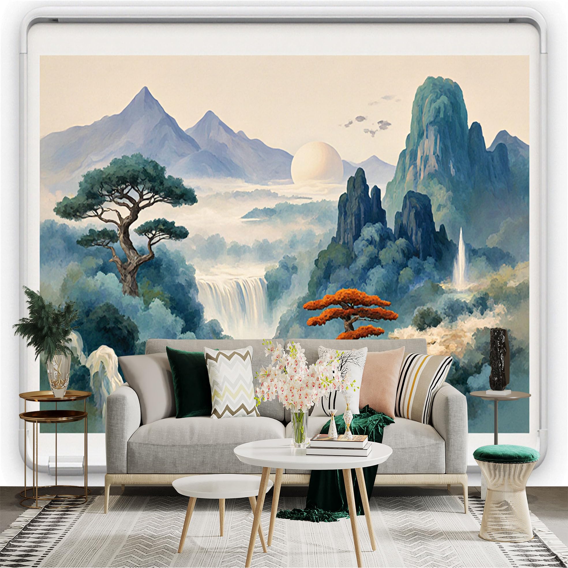 Custom Size Wall Sticker Mural， Misty Mountains with River Waterfall and Sunrise Landscape Painting， for wall Decoration， peelandstick wall Decals.
