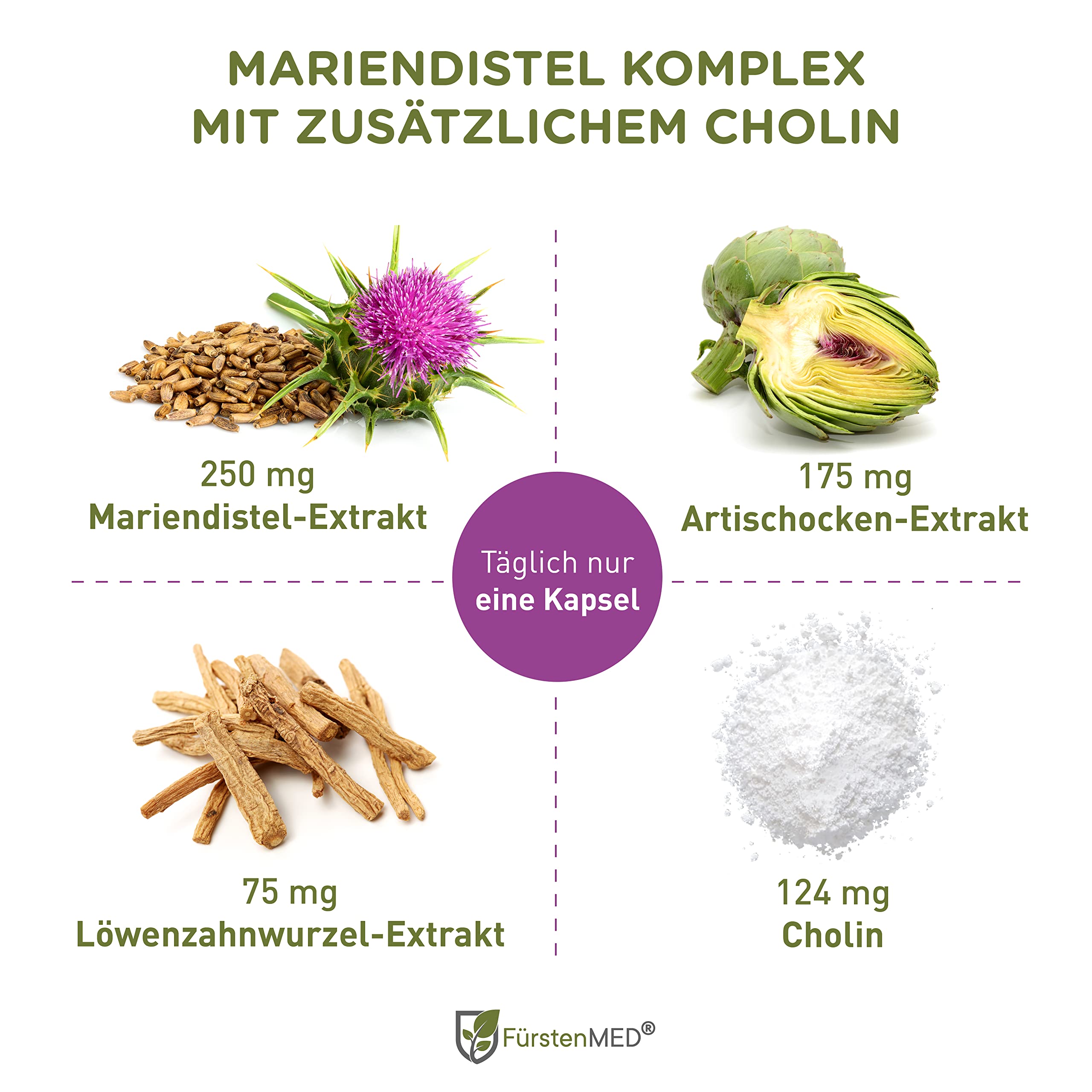 FürstenMED® Mariendistel Kapseln Hochdosiert mit Artischockenextrakt - Mariendistel Artischocke Löwenzahn und Cholin - Leber Komplex Hochdosiert mit 80% Silymarin 120 Kapseln Laborgeprüft