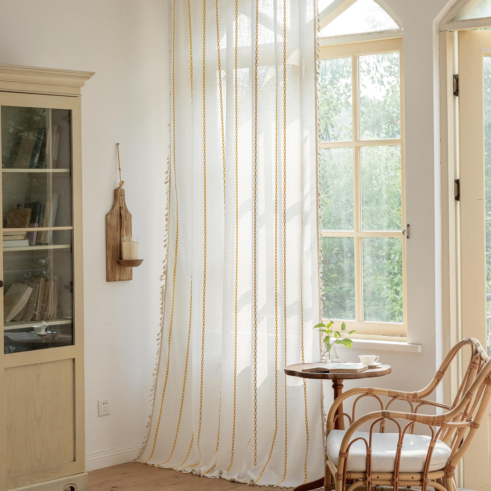 Lavyhuno Boho Curtains 72 inches Long for Living Room Bedroom, Striped Embroidery Light Filtering Semi-Blackout Rustic Window Treatment Tassels, Rod