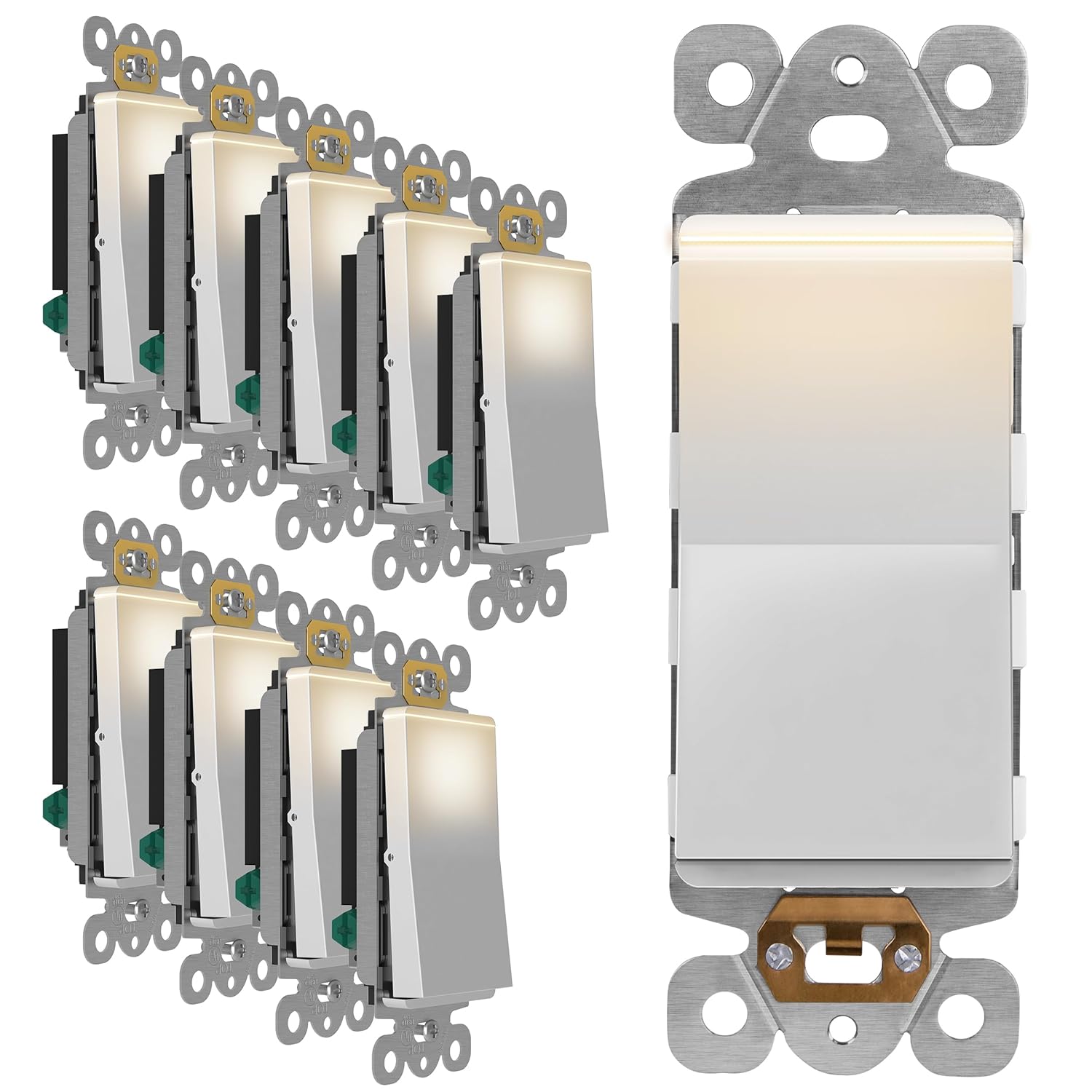 LIDER Decorator Switch with Lighted Paddle, UL Listed, Illuminated Paddle Switch, Matte Finish Rocker Switch, 1-Pole, 3-Wire, Residential/Commercial Grade, 15A 120-277VAC, White, 10 Pack
