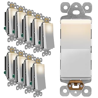 LIDER 15A Decorator Switch with Lighted Paddle, Illuminated Paddle Switch | UL Listed, 1-Pole,277vac, 10-Pack, Matte White, Rocker Switch, 3-Wire, Tough And Heat Resistant, Easy Installation