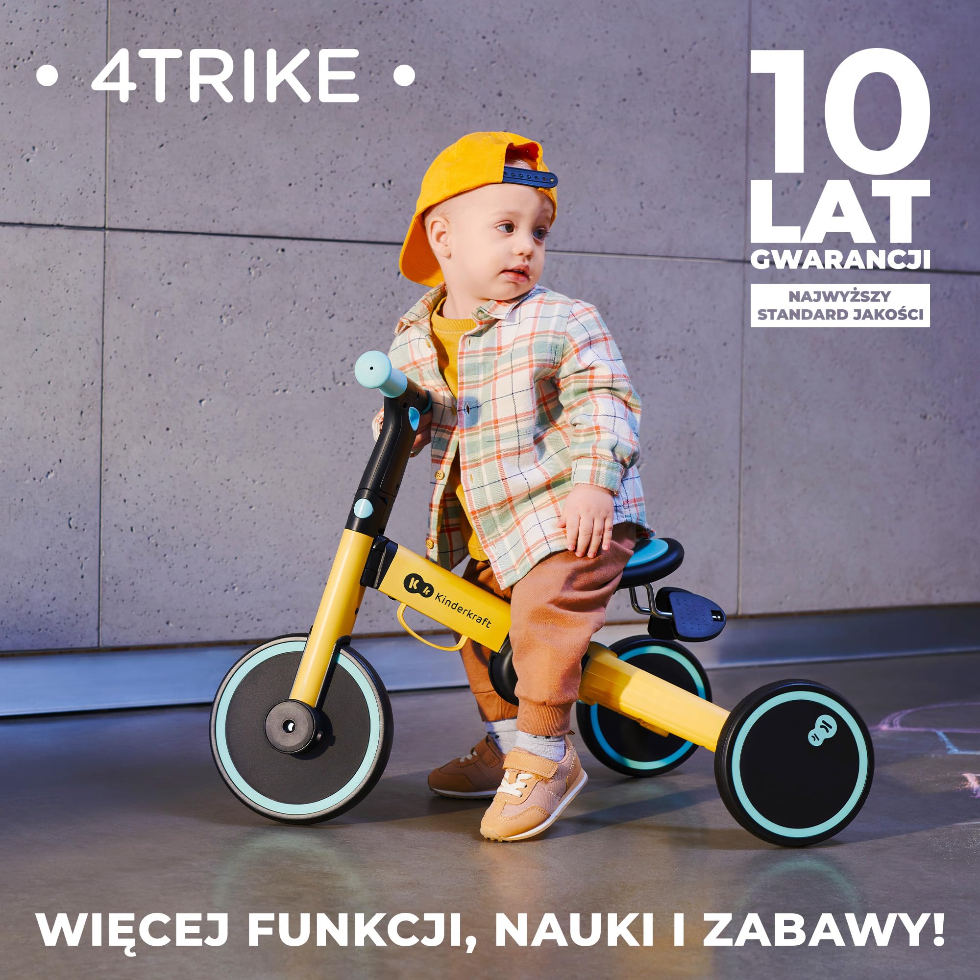 Kinderkraft Trójkołowiec 3w1 4TRIKE, Rowerek biegowy, Pchacz, Wielofunkcyjny, Bezpieczny, Regulowane siodełko, Żółty