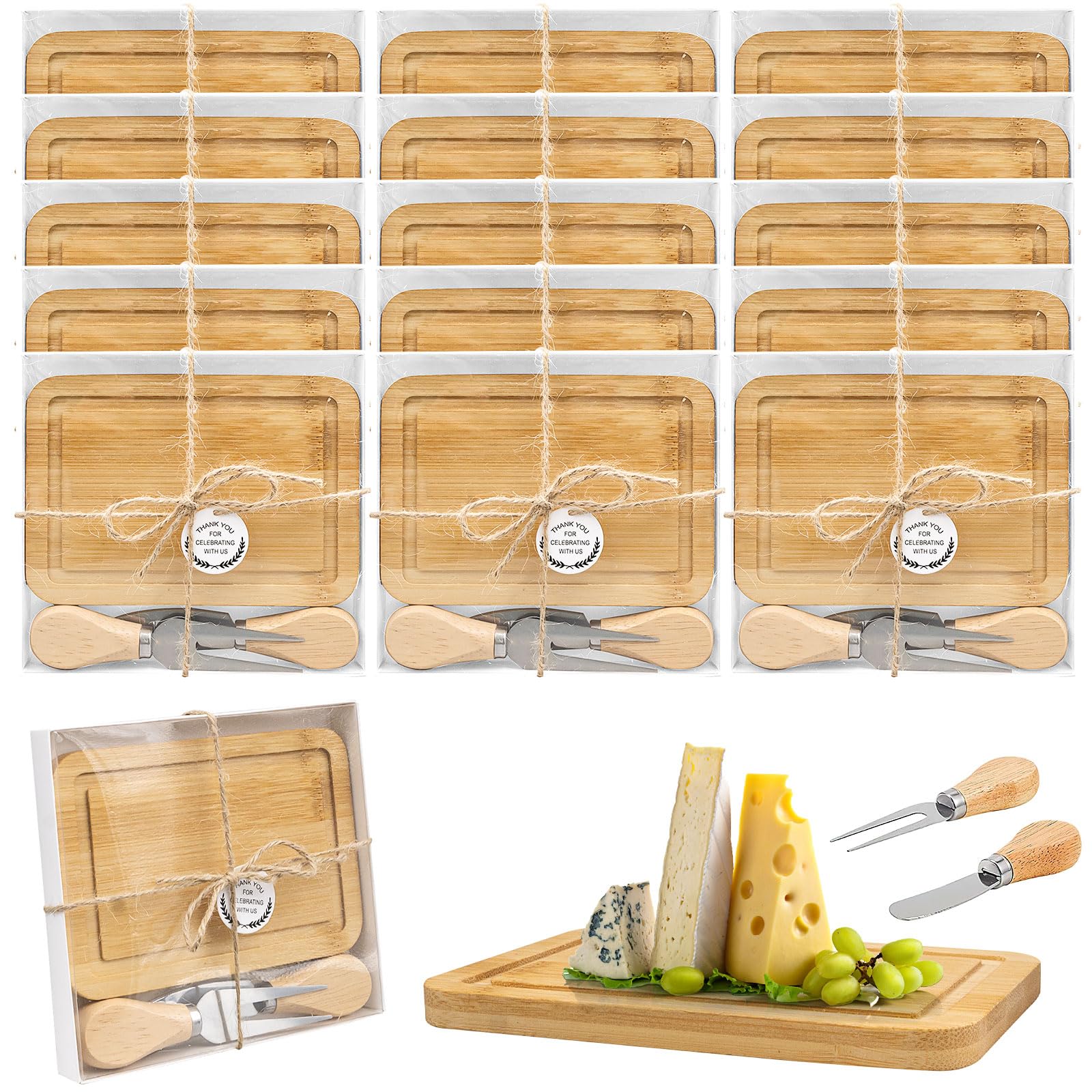 15er Set Käsebrett Gastgeschenke Hochzeit - Mini Charcuterie Boards aus Bambus mit Messer & Gabel - Mitgebsel für Gäste Babyparty, Taufe, Geburtstag - Inkl. Geschenkbox & Thank You Anhänger